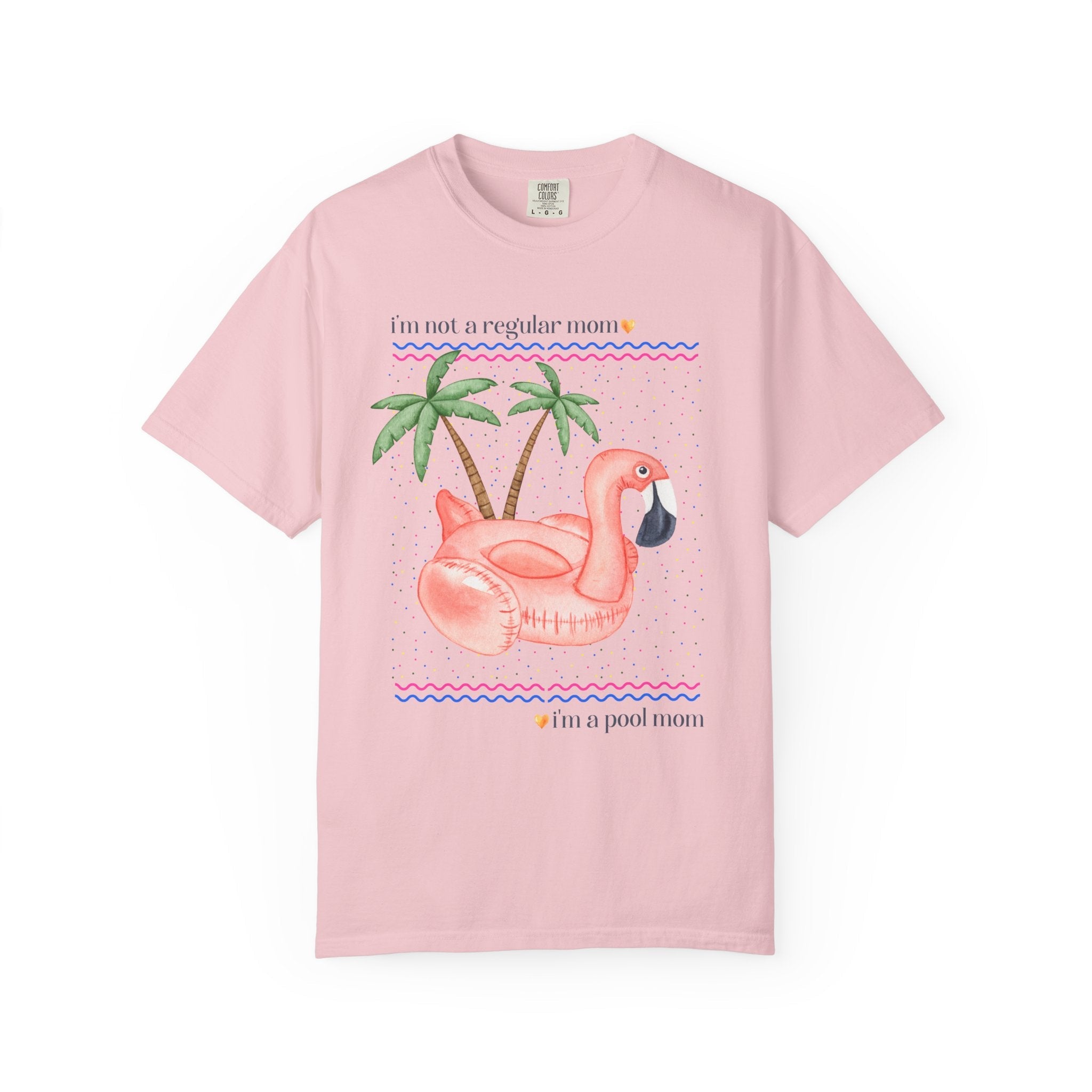 Funny Mom Shirt for Mom Who Has a Pool, Silly Chaotic 90s Aesthetic T-Shirt with a Flamingo and Palm Trees, Fun Mama Tee Shirt for Summer - Opal and June