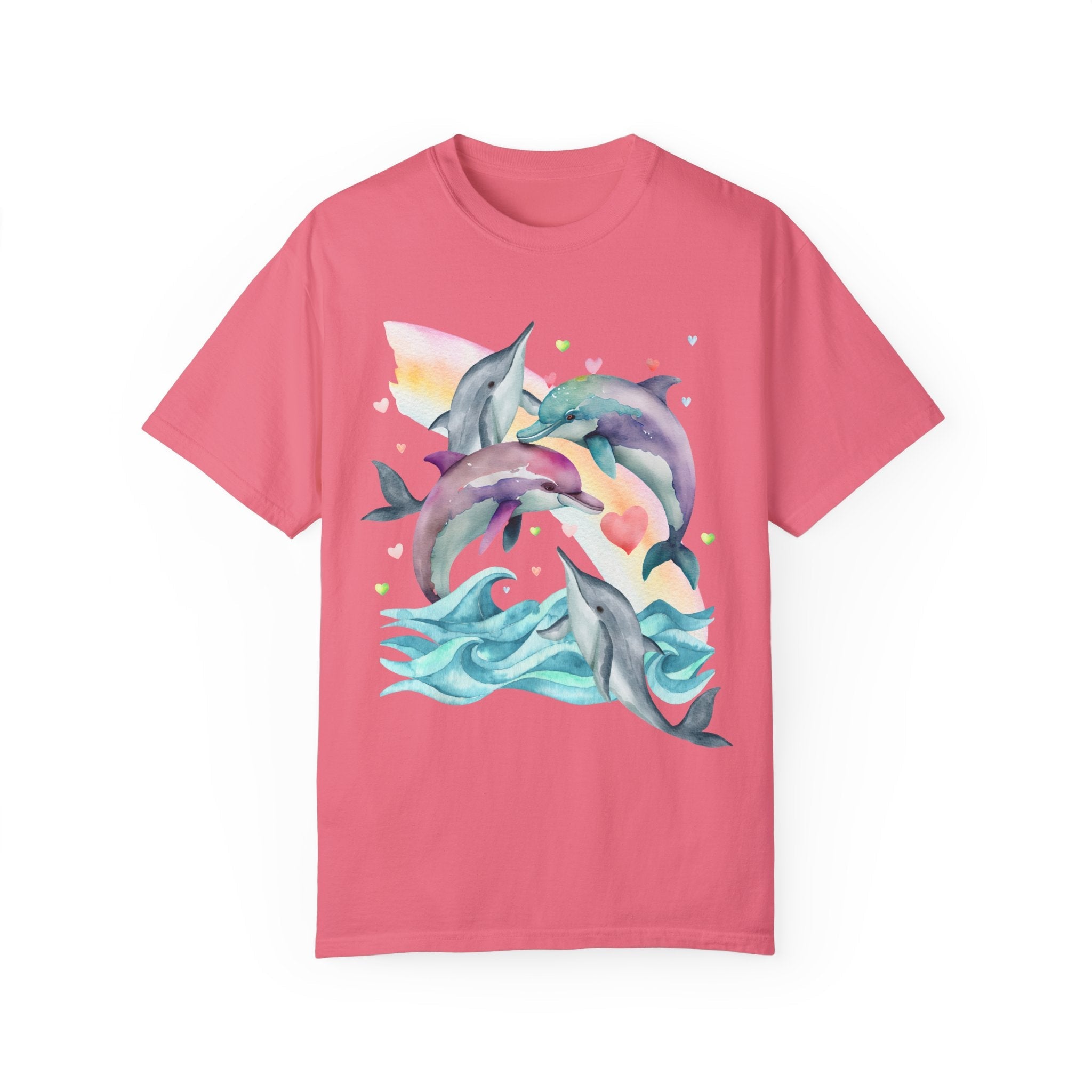 Funny Ocean Shirt for Dolphin Lover with Cute Y2K Aesthetic Hearts, Kitschy Nineties Style Tee Shirt with Rainbow for Beach Trip or Summer - Opal and June