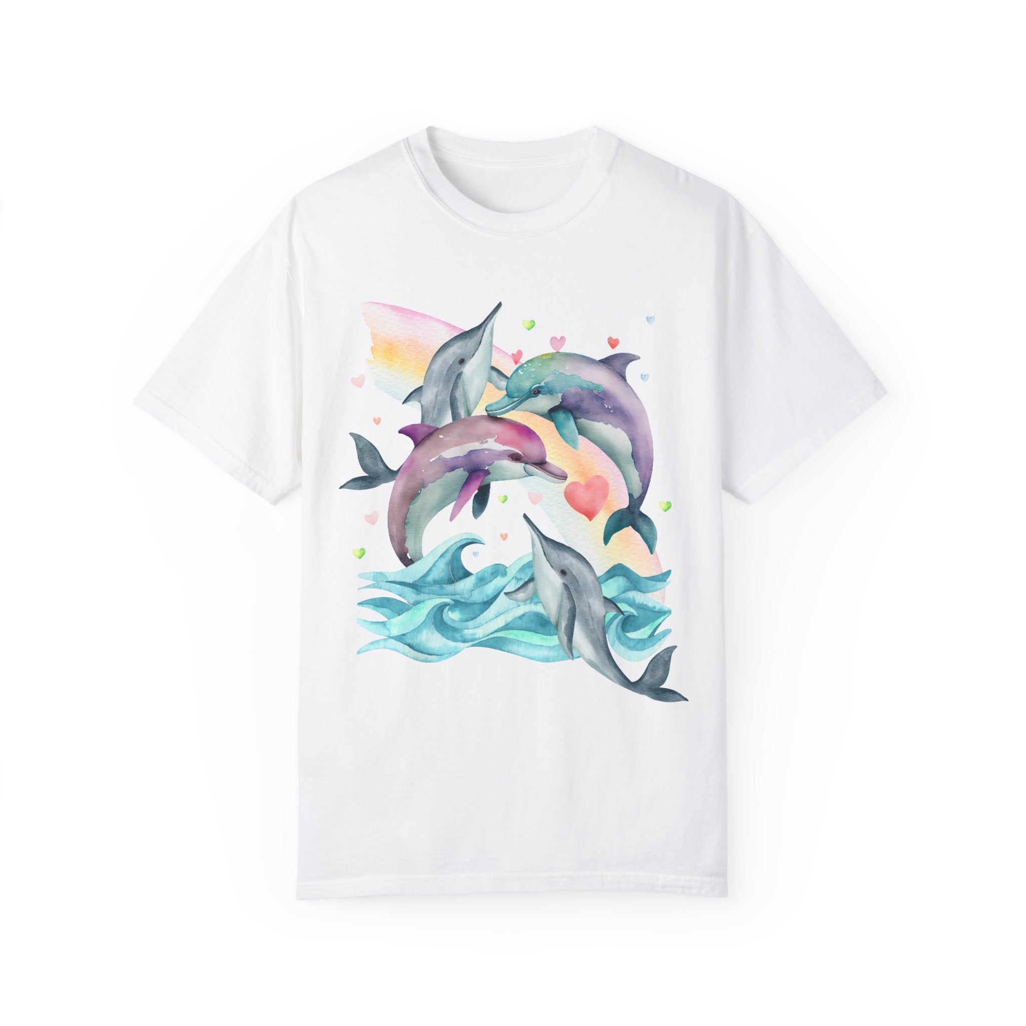 Funny Ocean Shirt for Dolphin Lover with Cute Y2K Aesthetic Hearts, Kitschy Nineties Style Tee Shirt with Rainbow for Beach Trip or Summer - Opal and June