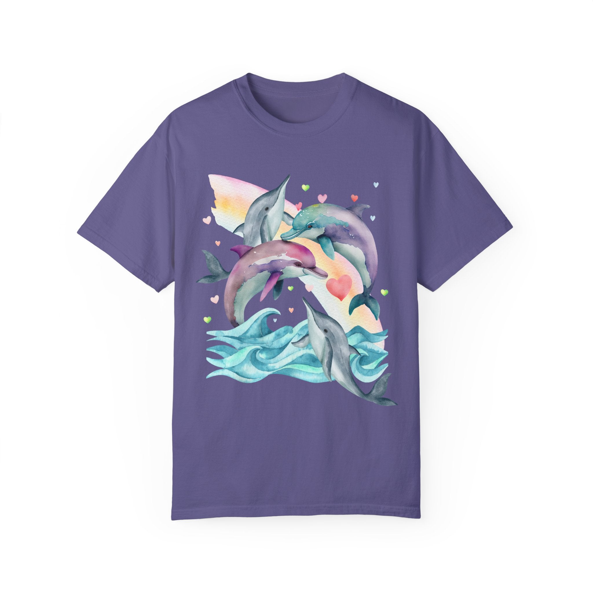 Funny Ocean Shirt for Dolphin Lover with Cute Y2K Aesthetic Hearts, Kitschy Nineties Style Tee Shirt with Rainbow for Beach Trip or Summer - Opal and June