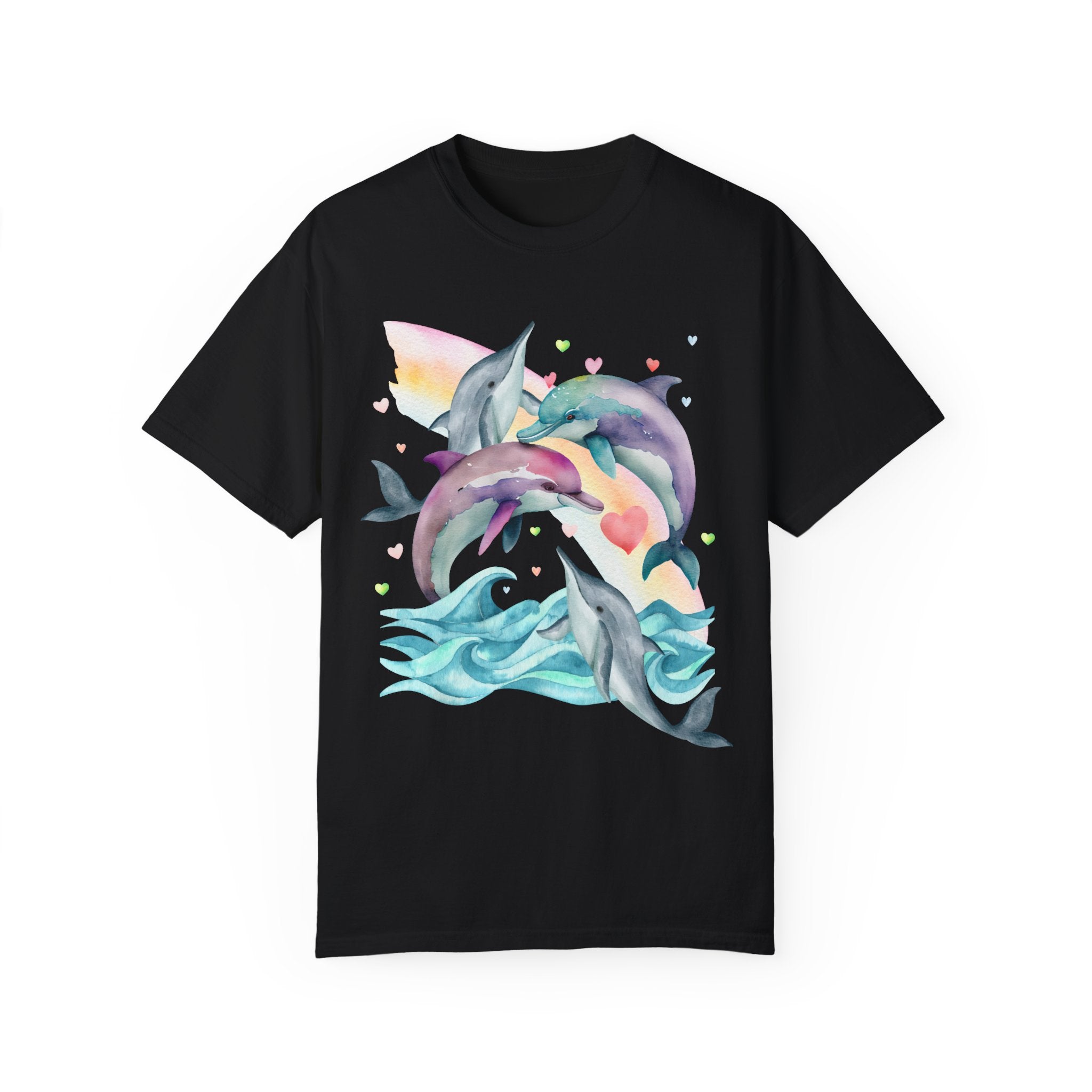 Funny Ocean Shirt for Dolphin Lover with Cute Y2K Aesthetic Hearts, Kitschy Nineties Style Tee Shirt with Rainbow for Beach Trip or Summer - Opal and June