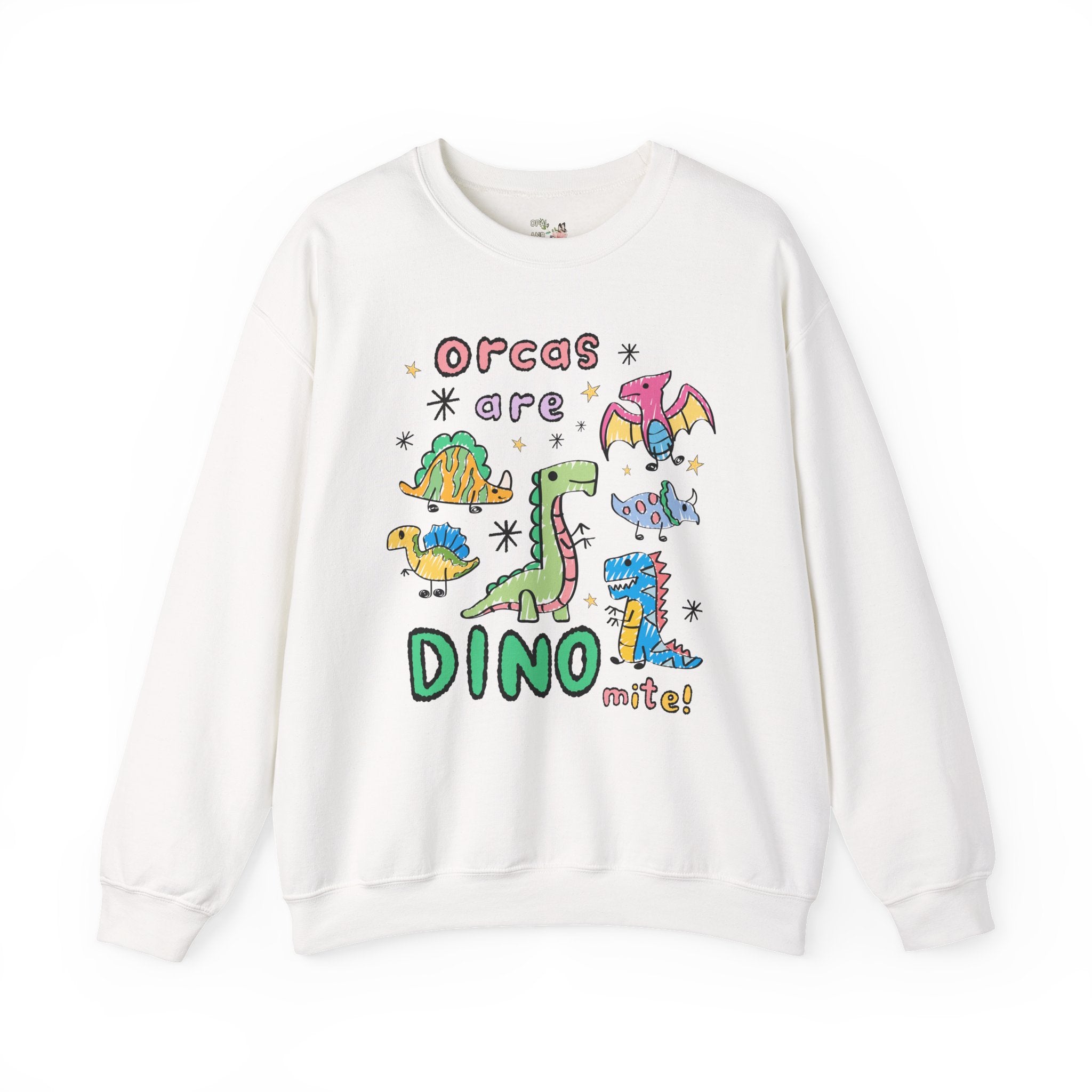 Funny Orca Whale Lover Sweatshirt, Marine Biologist Who Loves Dinosaurs: Orcas are Dino - mite! Funny Saying Ocean Animal Crewneck with Stars - Opal and June