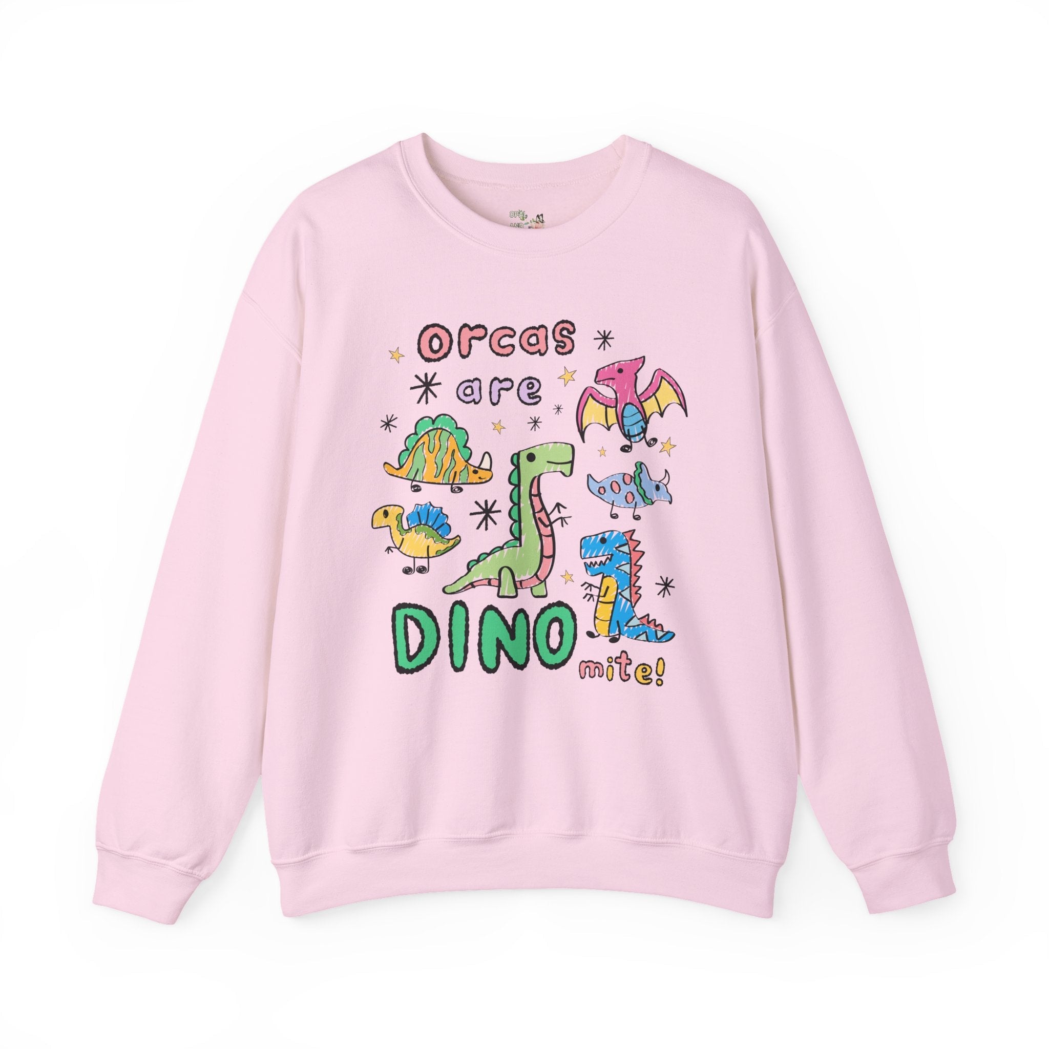 Funny Orca Whale Lover Sweatshirt, Marine Biologist Who Loves Dinosaurs: Orcas are Dino - mite! Funny Saying Ocean Animal Crewneck with Stars - Opal and June