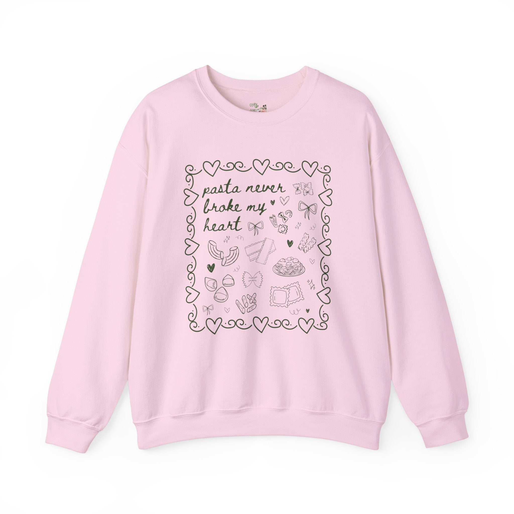 Funny Pasta Lover Sweatshirt, Hearts and Cute Doodles: Pasta Never Broke My Heart, Cute Italian Food Dinner Club Shirt for Sister or Friend - Opal and June
