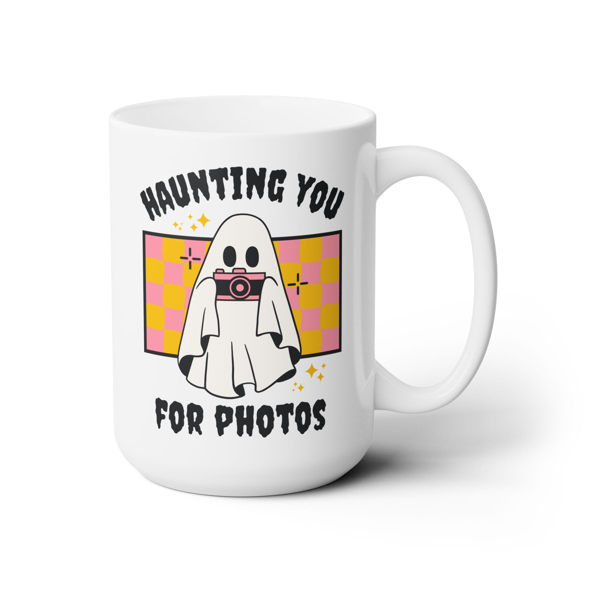 Funny Photographer Coffee Mug for Halloween: Haunting You For Photos | Spooky Groovy Ghost 15 Oz Mug for Wedding Photographer, Photo Major - Opal and June