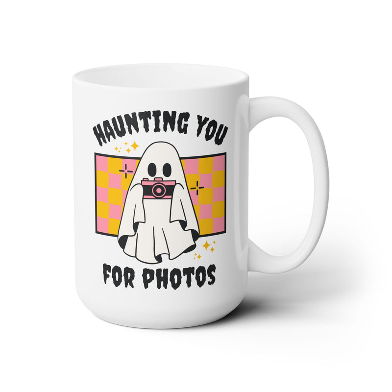 Funny Photographer Coffee Mug for Halloween: Haunting You For Photos | Spooky Groovy Ghost 15 Oz Mug for Wedding Photographer, Photo Major - Opal and June