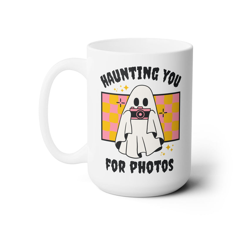 Funny Photographer Coffee Mug for Halloween: Haunting You For Photos | Spooky Groovy Ghost 15 Oz Mug for Wedding Photographer, Photo Major - Opal and June