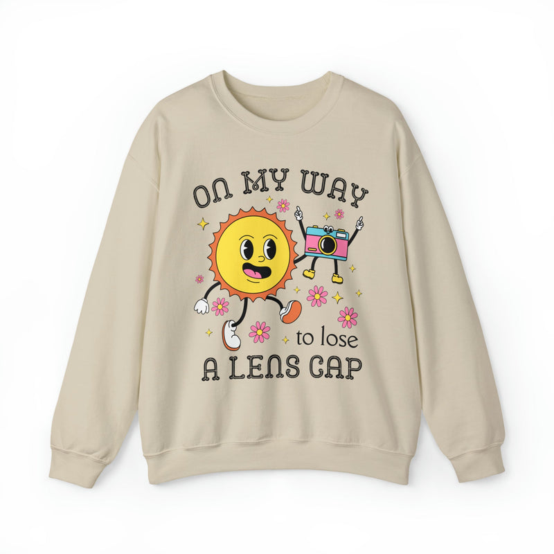 Funny Photographer Crewneck with Retro Flowers and Camera: On My Way To Lose A Lens Cap - Opal and June