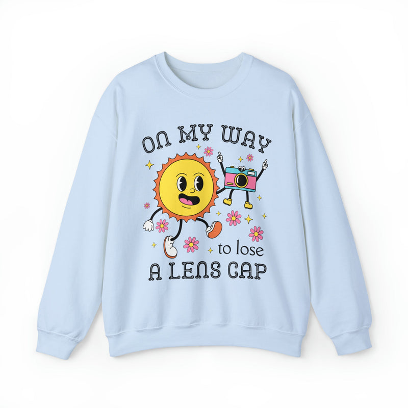 Funny Photographer Crewneck with Retro Flowers and Camera: On My Way To Lose A Lens Cap - Opal and June