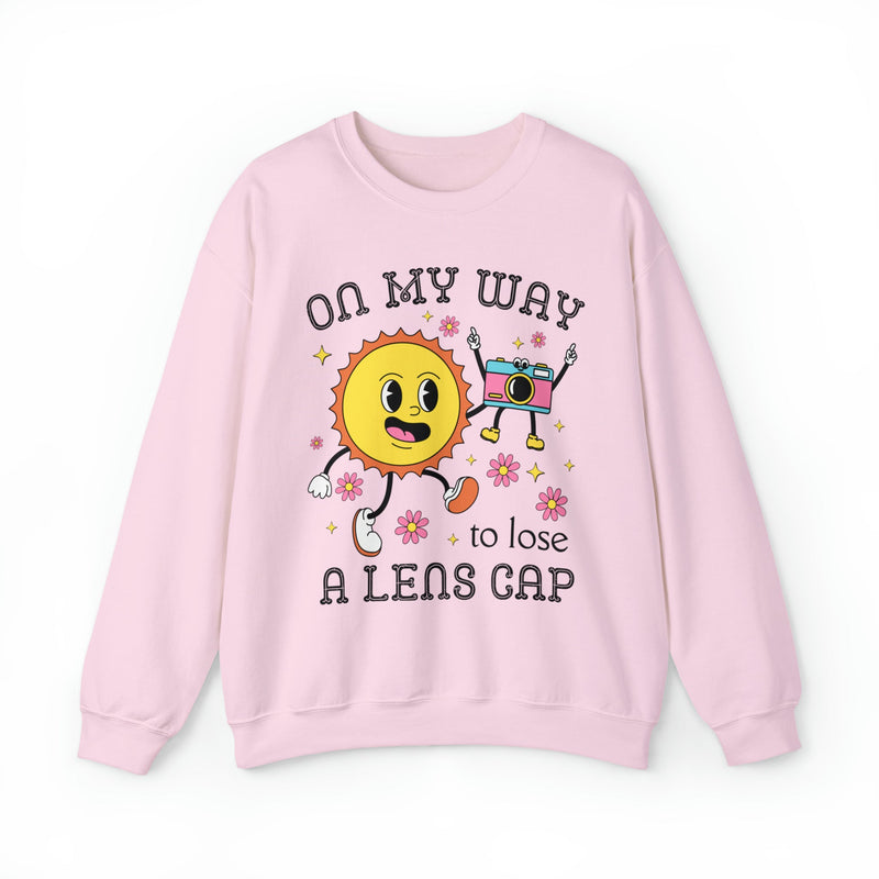 Funny Photographer Crewneck with Retro Flowers and Camera: On My Way To Lose A Lens Cap - Opal and June