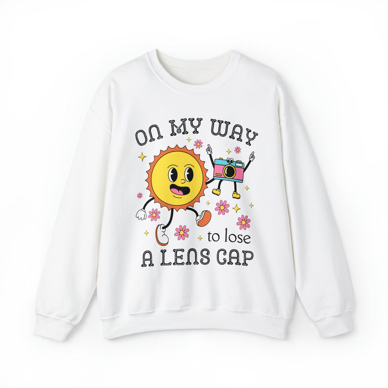 Funny Photographer Crewneck with Retro Flowers and Camera: On My Way To Lose A Lens Cap - Opal and June