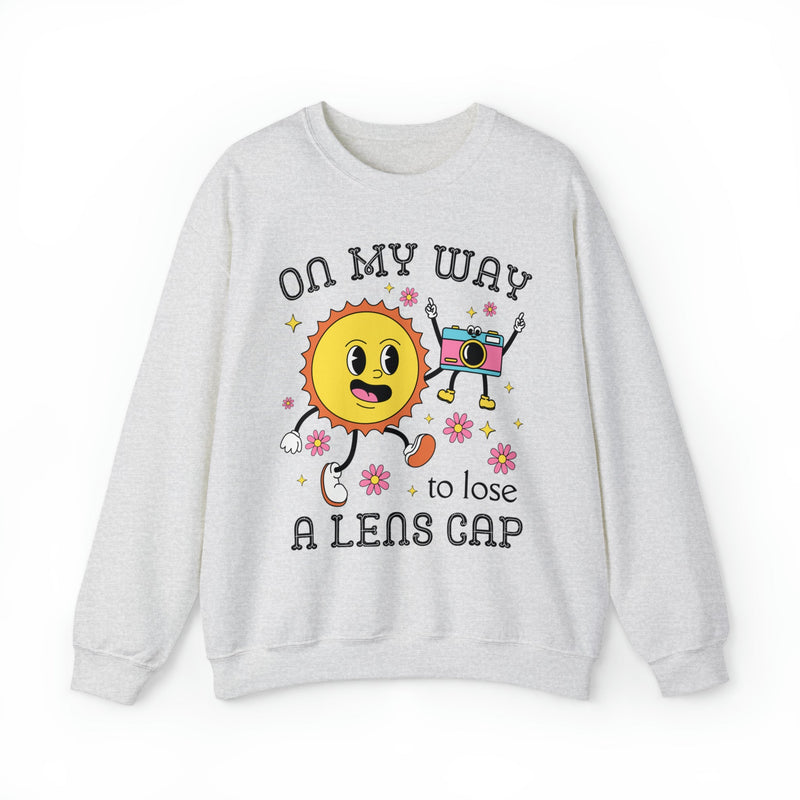 Funny Photographer Crewneck with Retro Flowers and Camera: On My Way To Lose A Lens Cap - Opal and June