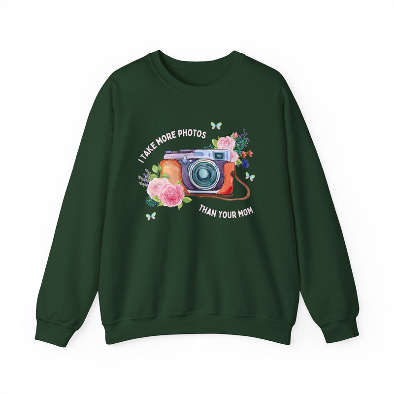Funny Photographer Sweatshirt for Wedding Photog: I Take More Photos Than Your Mom | Cottagecore Floral Camera Shirt with Butterflies - Opal and June