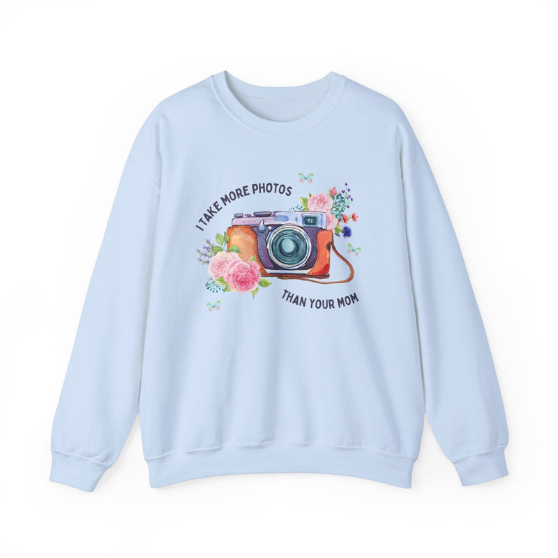 Funny Photographer Sweatshirt for Wedding Photog: I Take More Photos Than Your Mom | Cottagecore Floral Camera Shirt with Butterflies - Opal and June