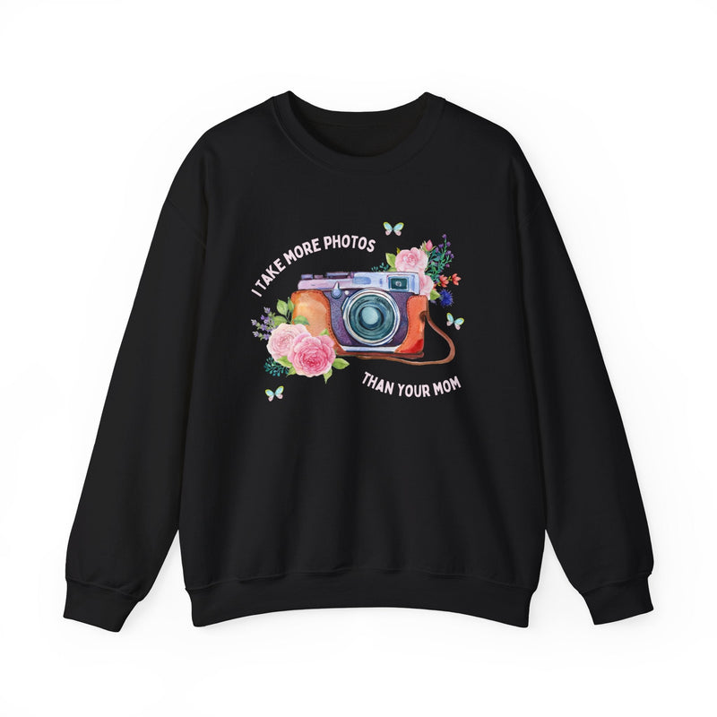 Funny Photographer Sweatshirt for Wedding Photog: I Take More Photos Than Your Mom | Cottagecore Floral Camera Shirt with Butterflies - Opal and June