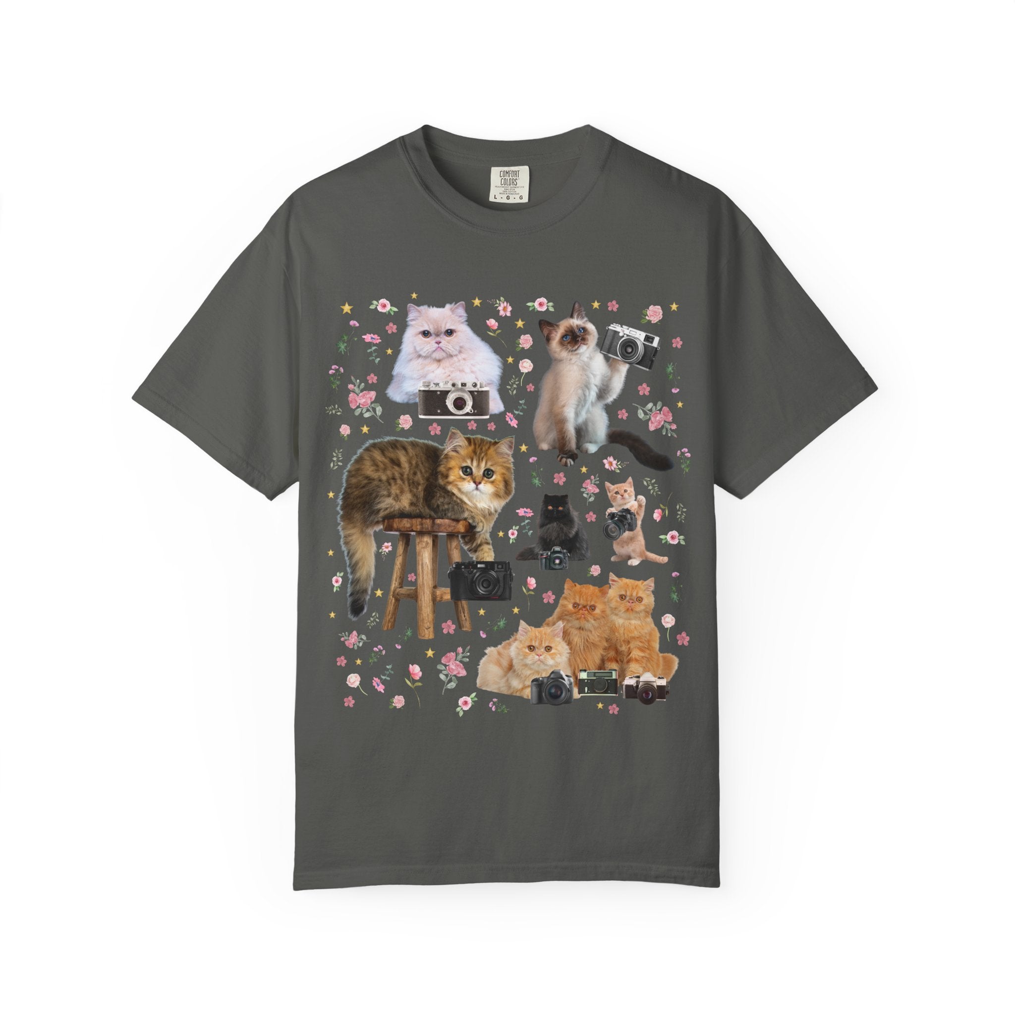 Funny Photographer Tee Shirt for Cat Lover, Animal Lover 90s Throwback T-Shirt with Flowers, Photography Major Gift for Cat Mom or Cat Dad - Opal and June