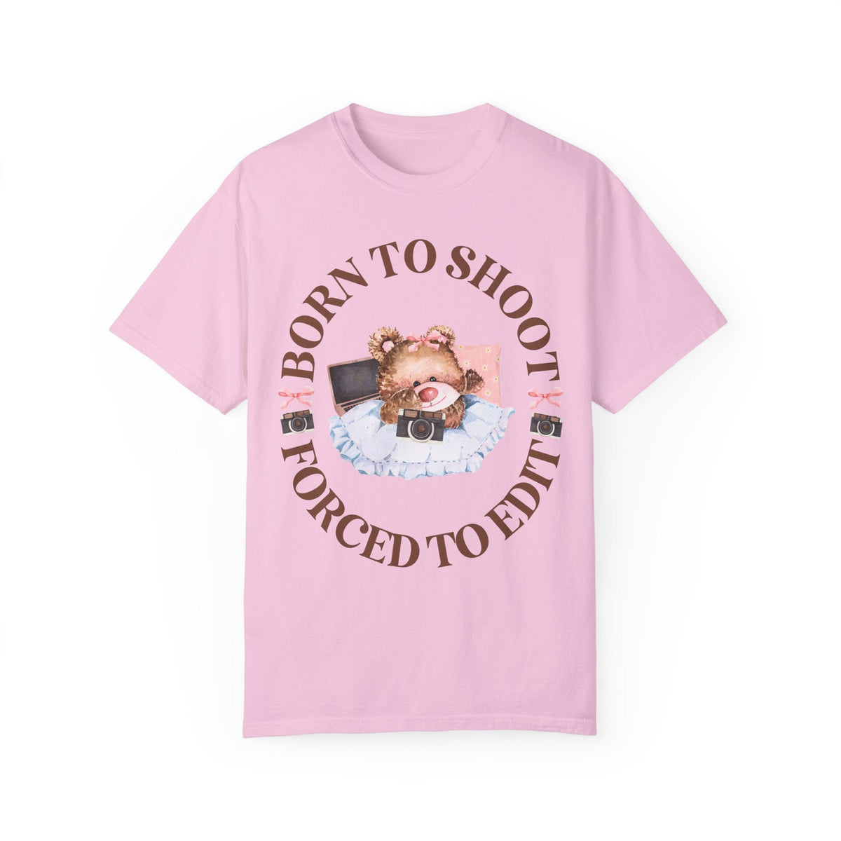 Funny Photographer Tee Shirt, Friend Who Loves Photography: Born To Shoot Forced to Edit, Cottagecore Bear, Photography Major Gift for Her - Opal and June