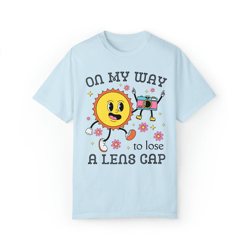 Funny Photographer Tee Shirt with Retro Flowers and Camera: On My Way to Lose a Lens Cap - Opal and June