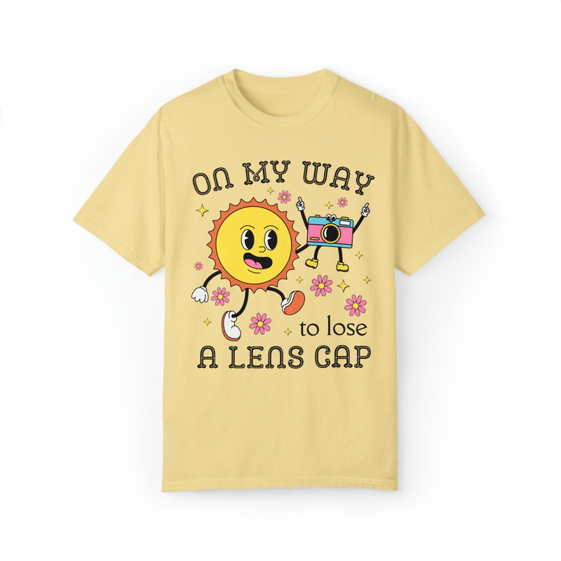 Funny Photographer Tee Shirt with Retro Flowers and Camera: On My Way to Lose a Lens Cap - Opal and June