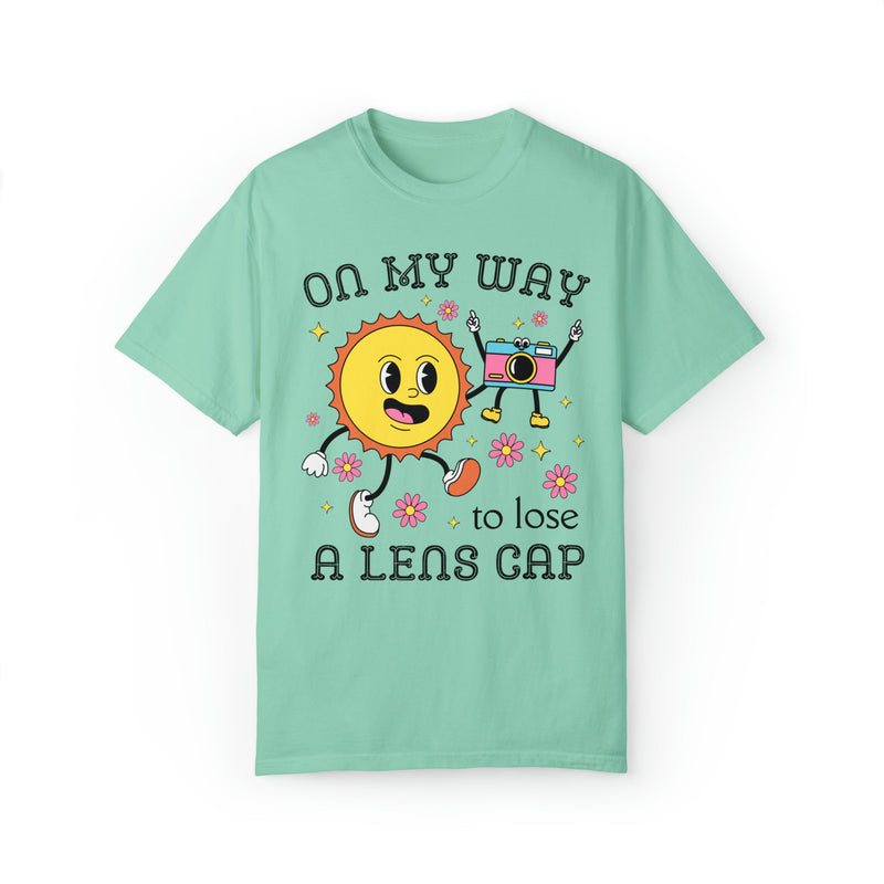 Funny Photographer Tee Shirt with Retro Flowers and Camera: On My Way to Lose a Lens Cap - Opal and June