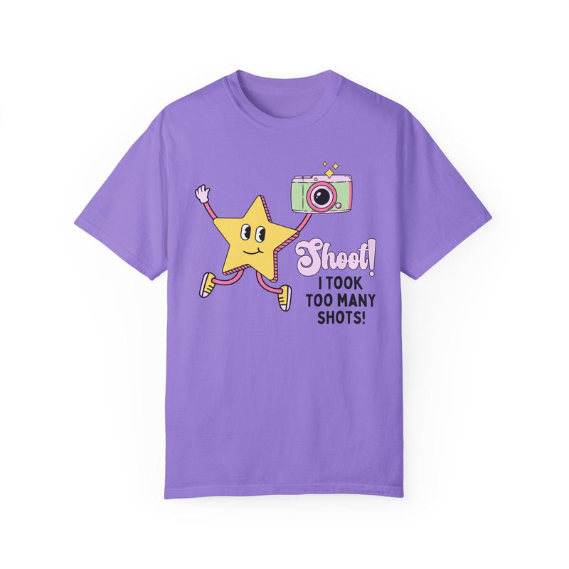 Funny Photography Professor Tee Shirt with Groovy Retro Star: I Took Too Many Shots, Gift for Mom Who Loves Photos, Wedding Photographer - Opal and June