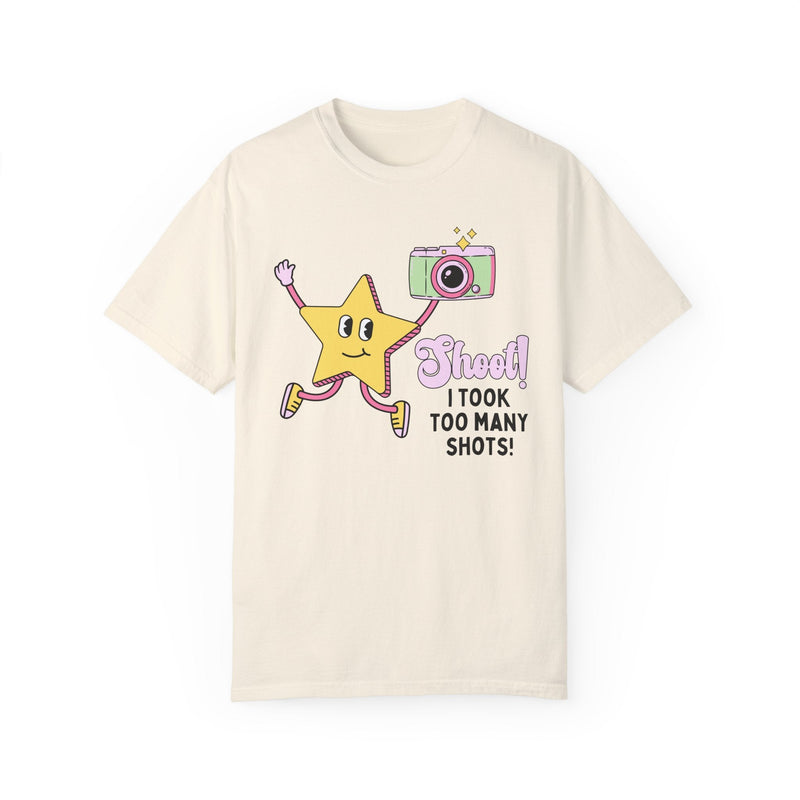 Funny Photography Professor Tee Shirt with Groovy Retro Star: I Took Too Many Shots, Gift for Mom Who Loves Photos, Wedding Photographer - Opal and June