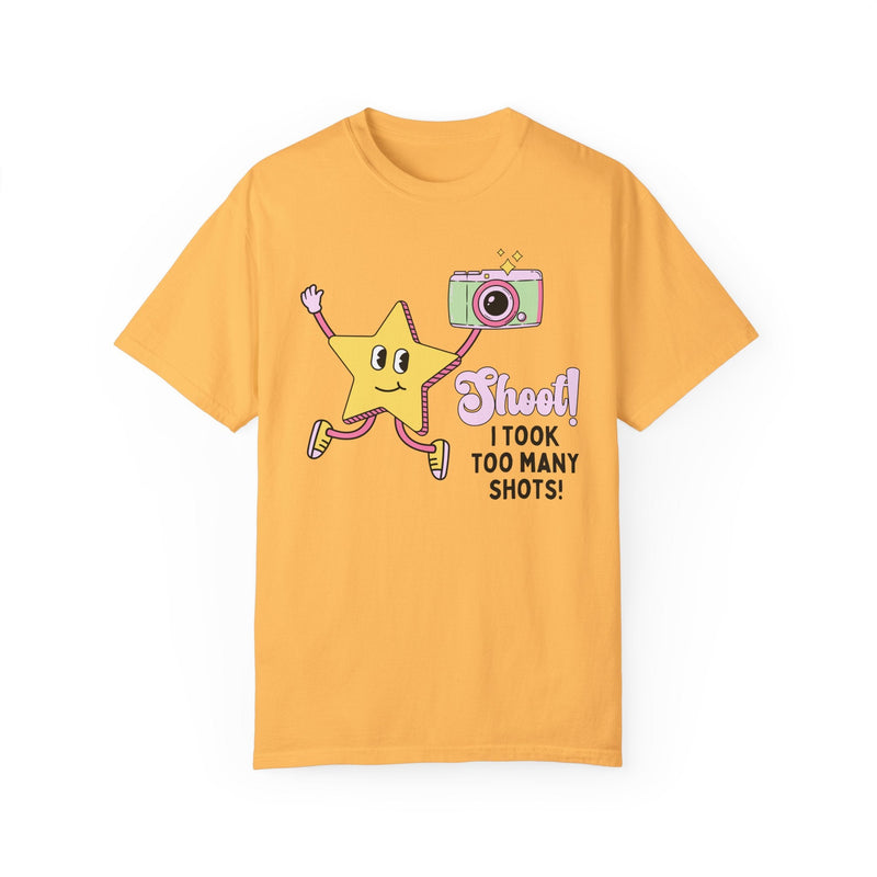 Funny Photography Professor Tee Shirt with Groovy Retro Star: I Took Too Many Shots, Gift for Mom Who Loves Photos, Wedding Photographer - Opal and June