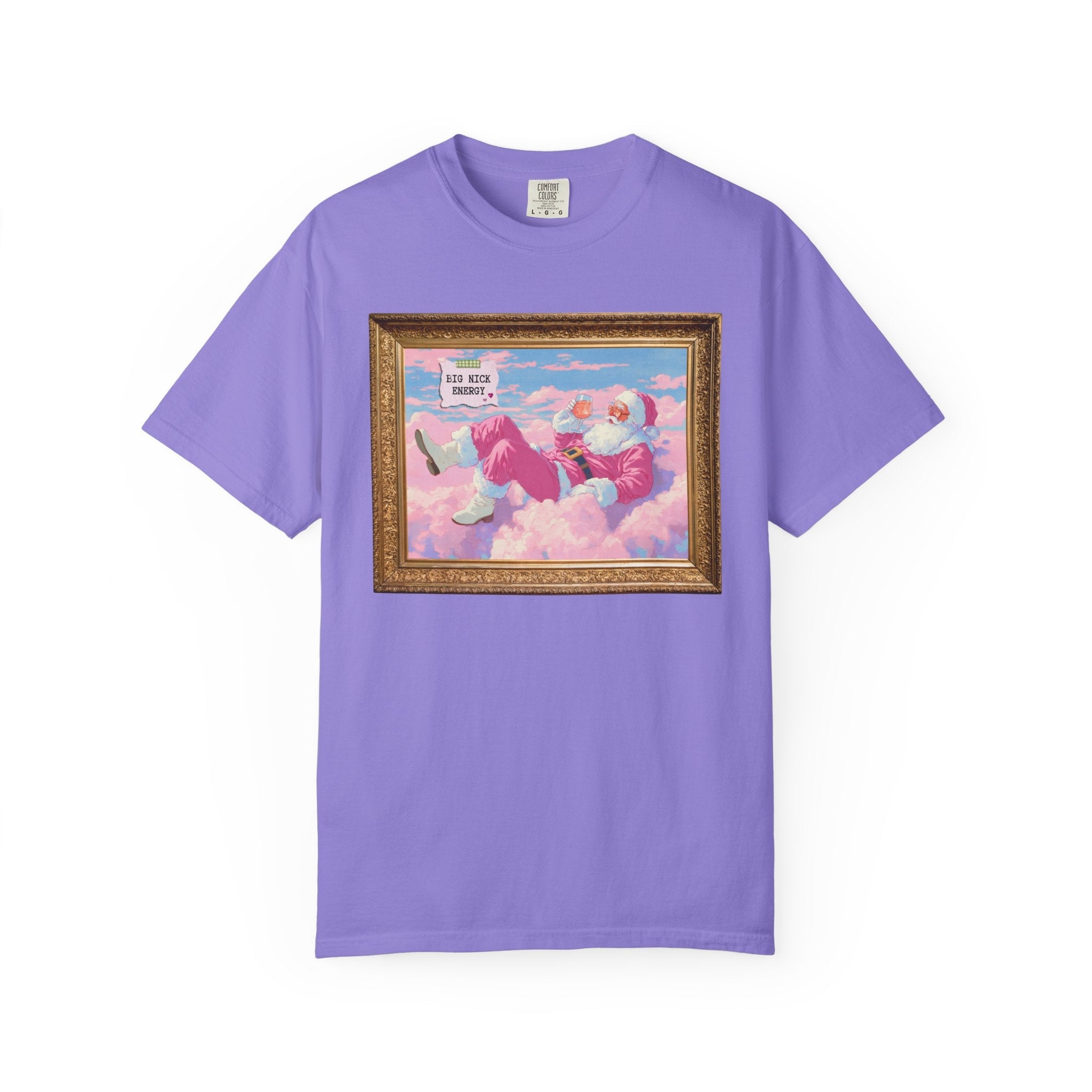 Funny Pink Santa Tee Shirt of Santa Claus Sipping Wine on a Cloud: Big Nick Energy, Silly Colorful Maximalist Holiday T, Matching Sister Tee - Opal and June
