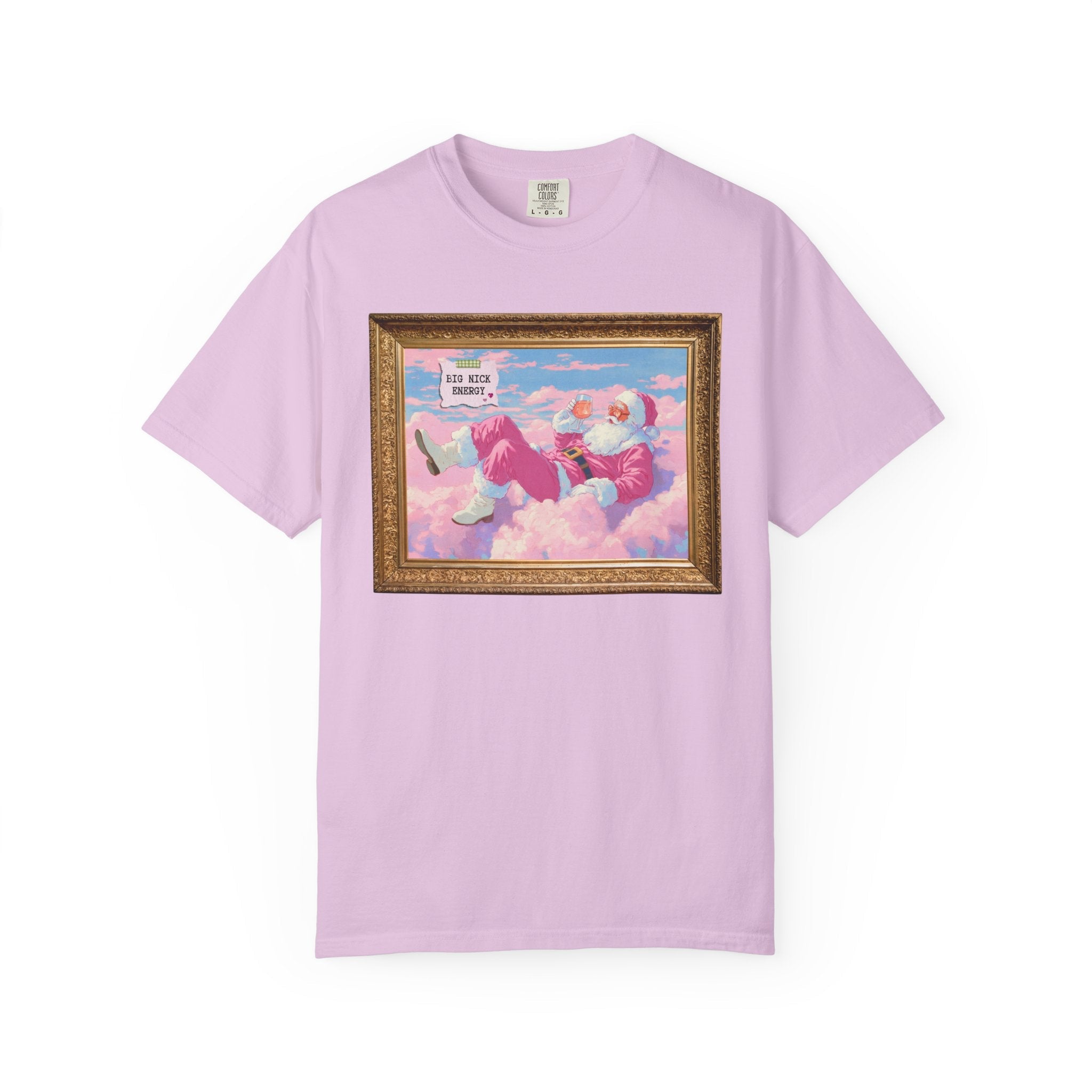 Funny Pink Santa Tee Shirt of Santa Claus Sipping Wine on a Cloud: Big Nick Energy, Silly Colorful Maximalist Holiday T, Matching Sister Tee - Opal and June