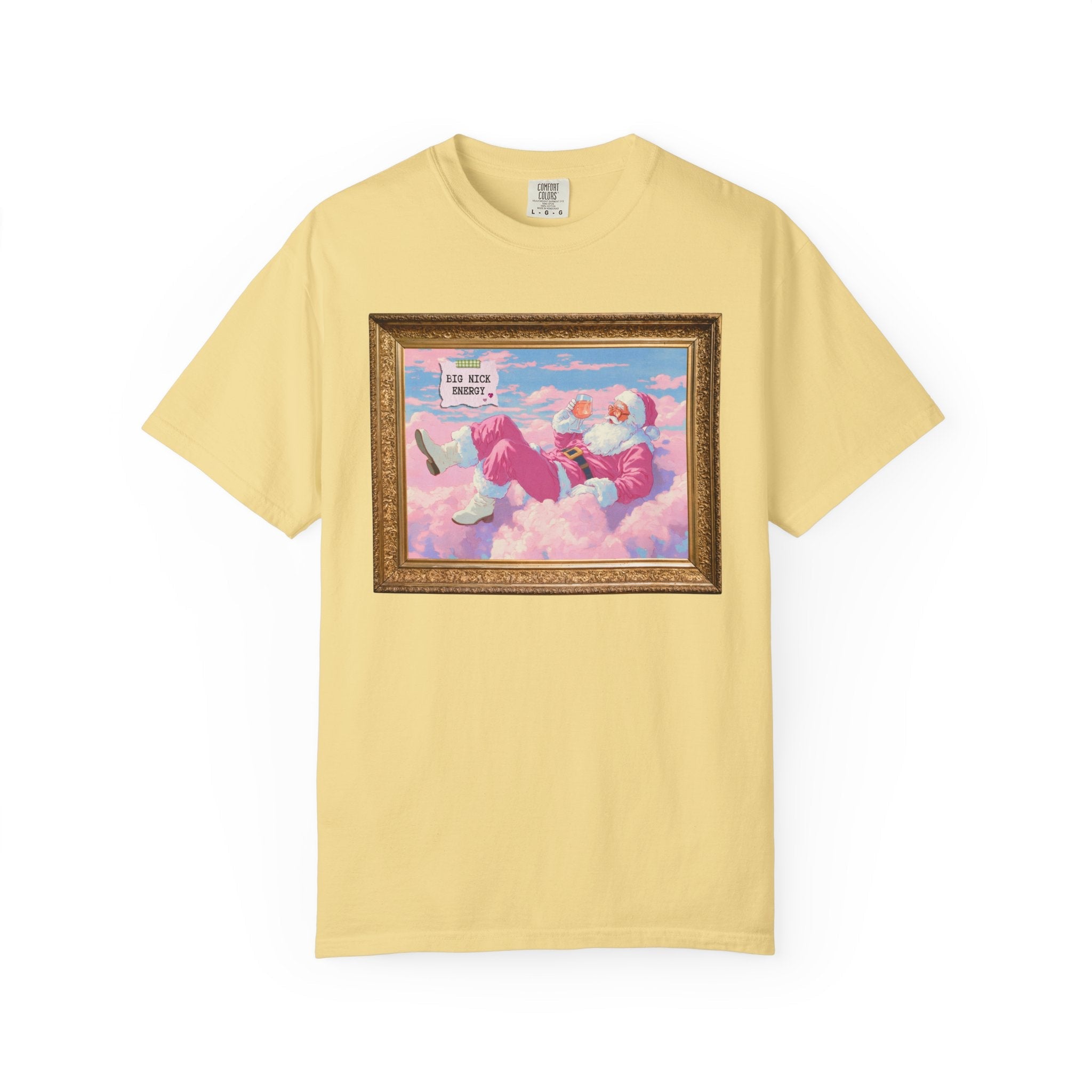 Funny Pink Santa Tee Shirt of Santa Claus Sipping Wine on a Cloud: Big Nick Energy, Silly Colorful Maximalist Holiday T, Matching Sister Tee - Opal and June
