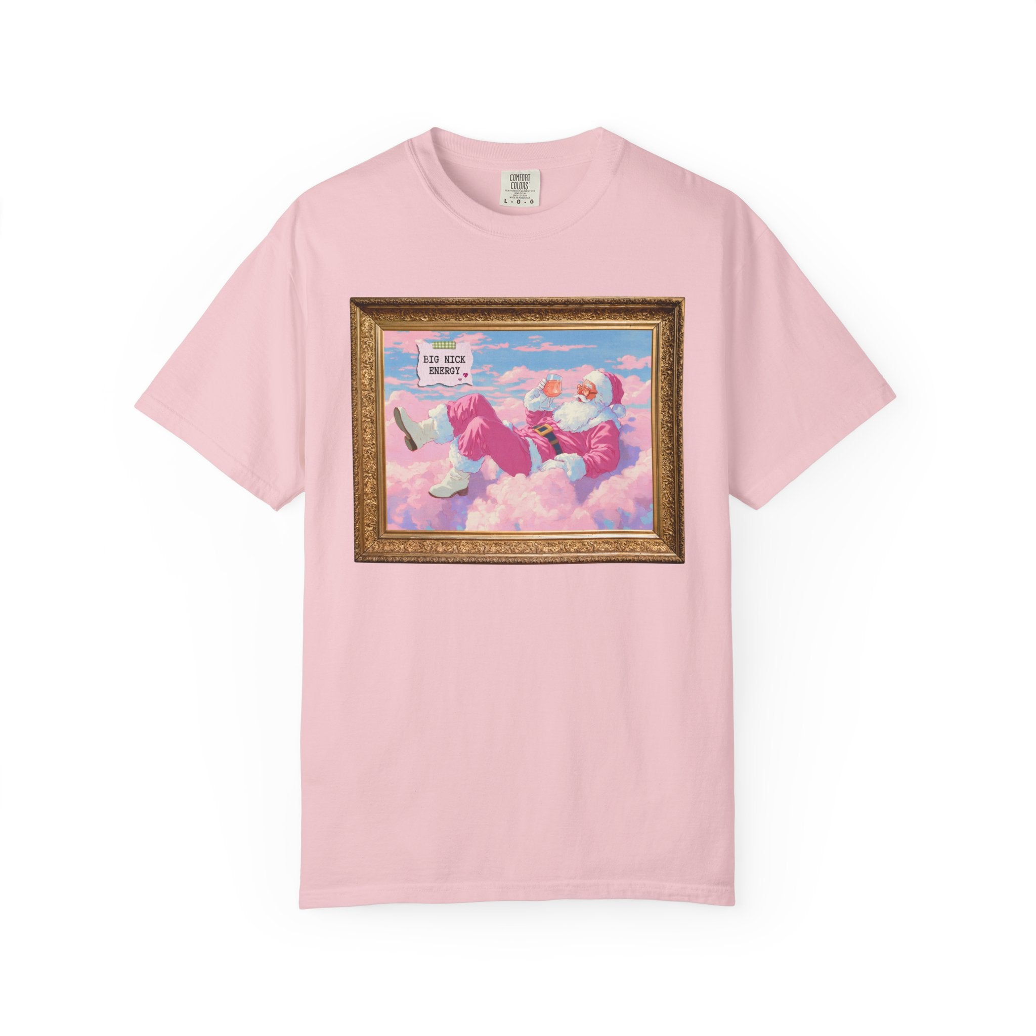 Funny Pink Santa Tee Shirt of Santa Claus Sipping Wine on a Cloud: Big Nick Energy, Silly Colorful Maximalist Holiday T, Matching Sister Tee - Opal and June