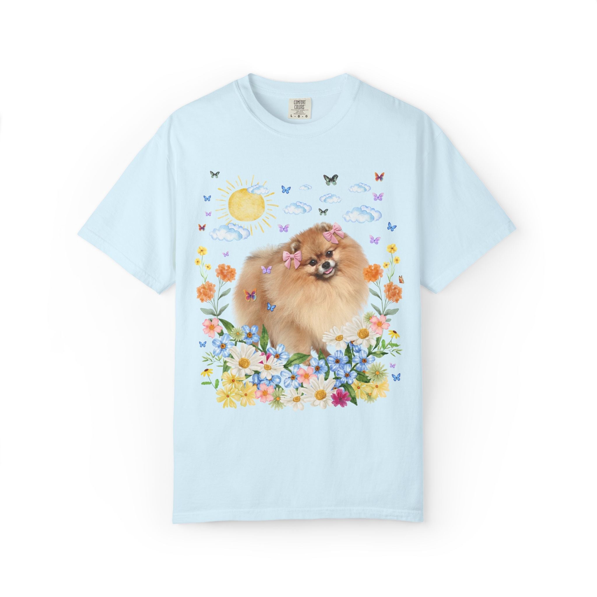 Funny Pomeranian Owner Dog Lover Gift with Flowers: Silly 90s Aesthetic Dog Parent T-Shirt with Butterflies, Nostalgic Puppy Lover Tee - Opal and June