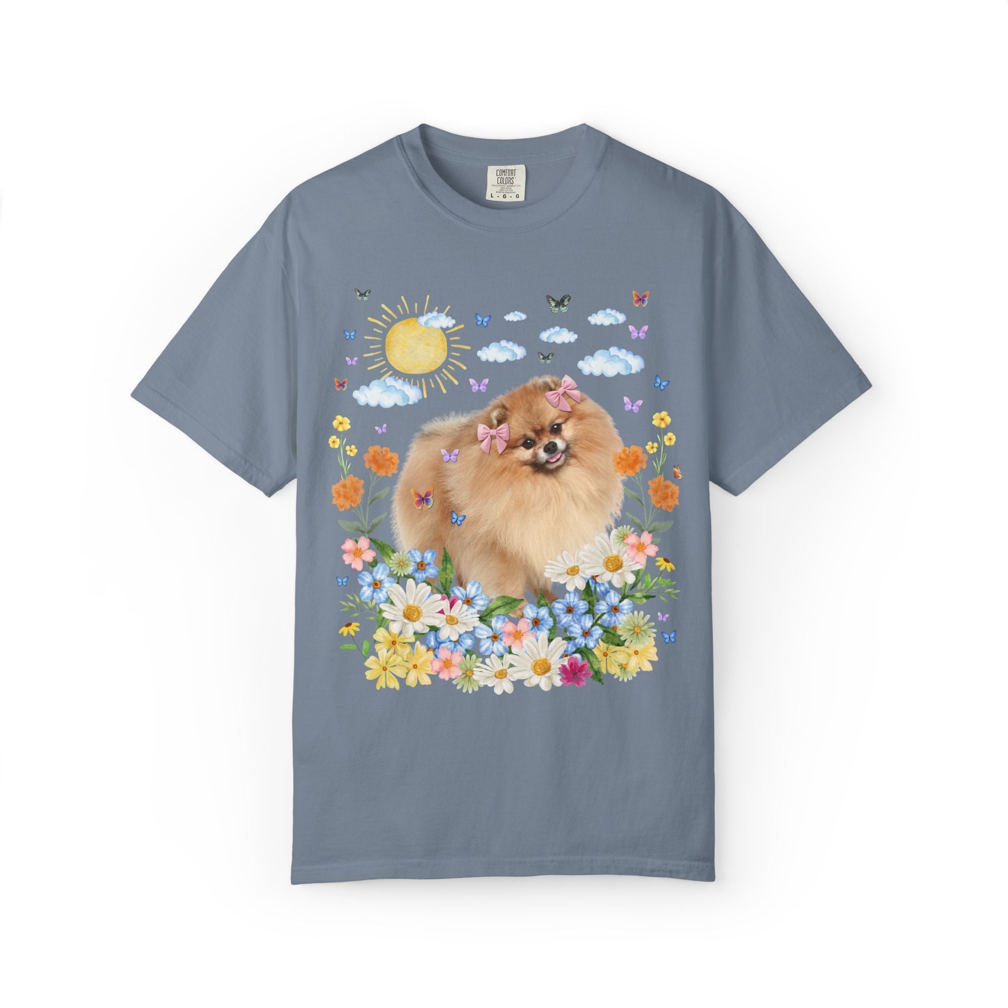 Funny Pomeranian Owner Dog Lover Gift with Flowers: Silly 90s Aesthetic Dog Parent T-Shirt with Butterflies, Nostalgic Puppy Lover Tee - Opal and June