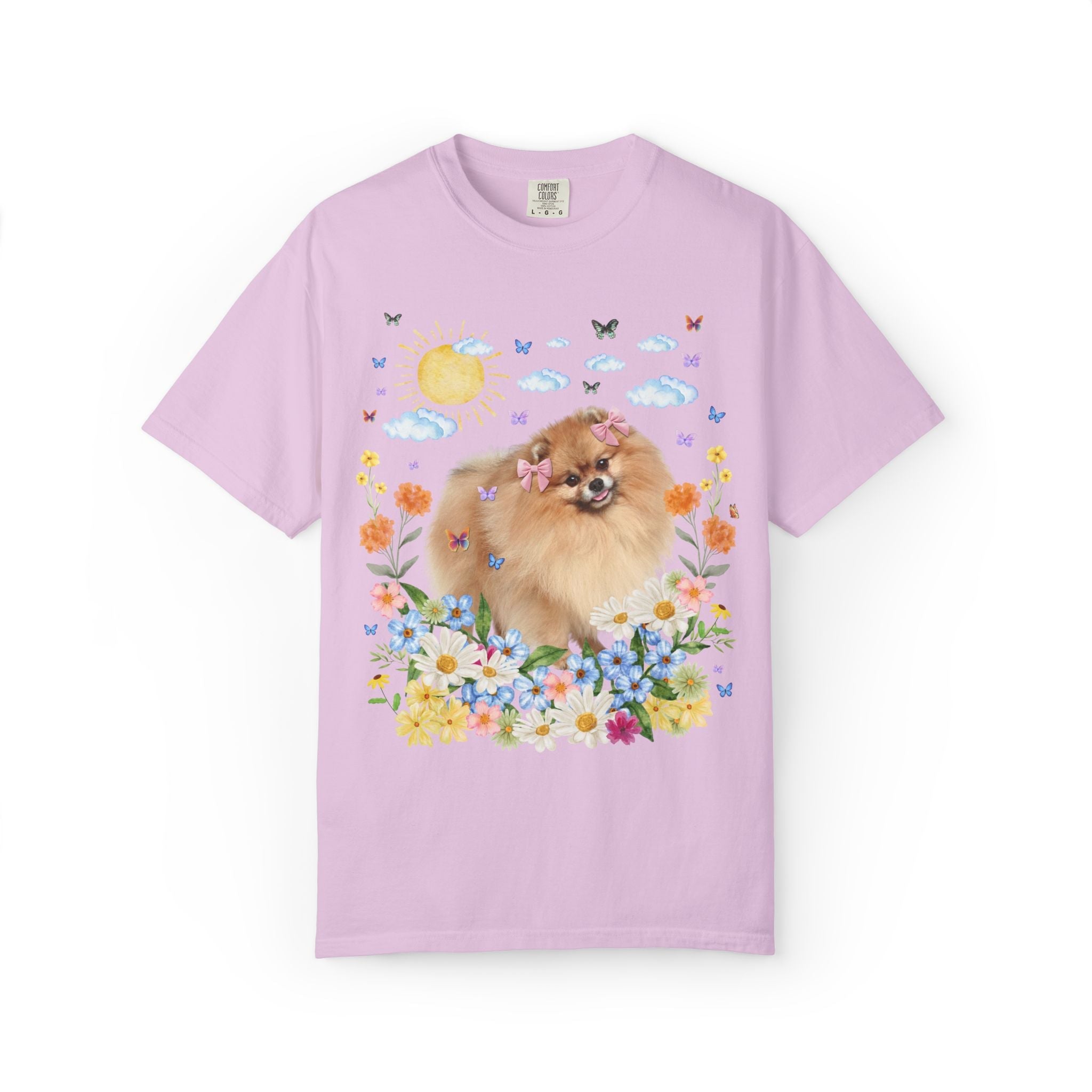 Funny Pomeranian Owner Dog Lover Gift with Flowers: Silly 90s Aesthetic Dog Parent T-Shirt with Butterflies, Nostalgic Puppy Lover Tee - Opal and June