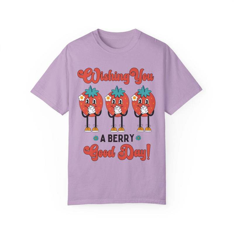 Funny Retro Aesthetic Strawberry Shirt for Garden Lover: Wishing You A Berry Good Day | Groovy and Optimistic Fruity T-Shirt for Summer Trip - Opal and June