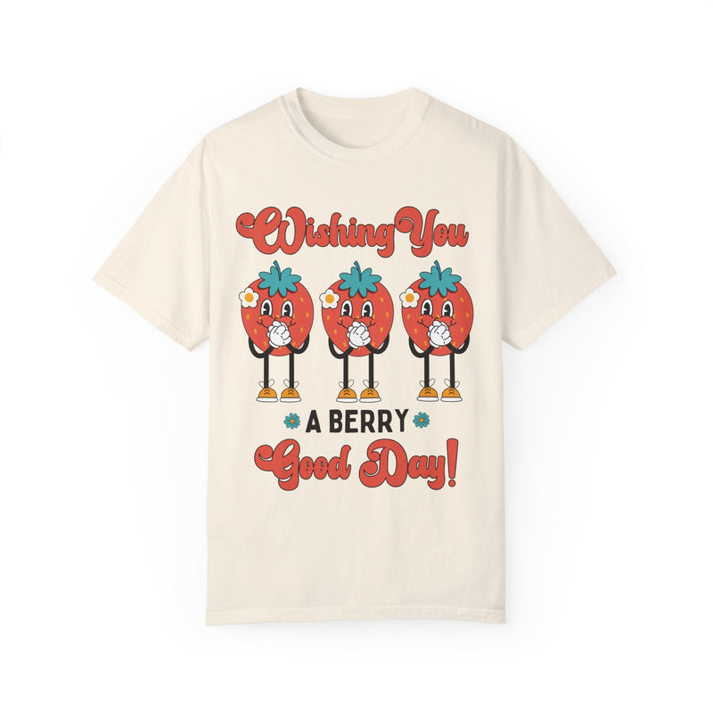 Funny Retro Aesthetic Strawberry Shirt for Garden Lover: Wishing You A Berry Good Day | Groovy and Optimistic Fruity T-Shirt for Summer Trip - Opal and June