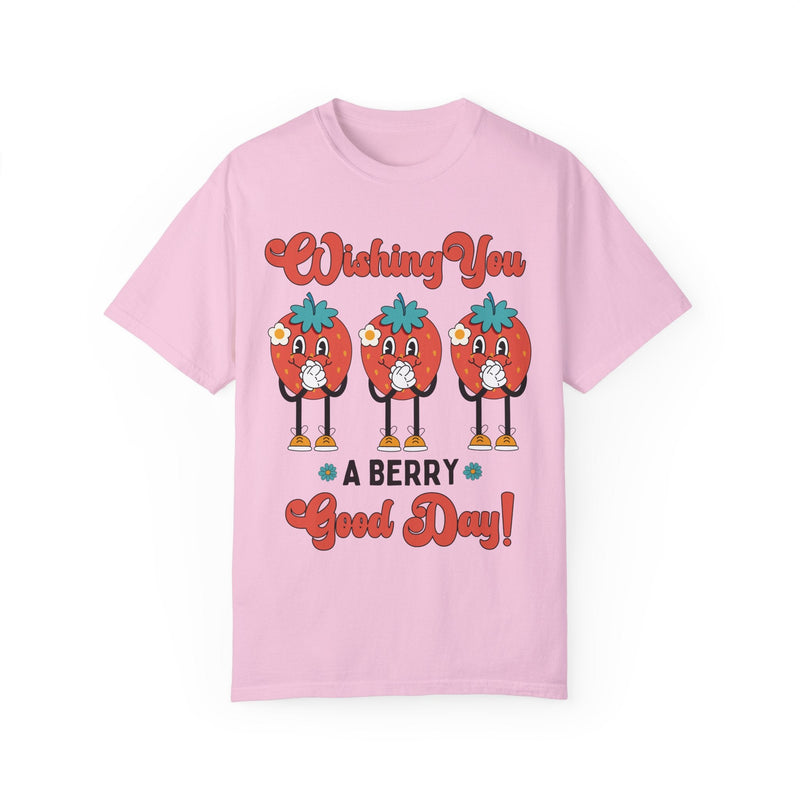 Funny Retro Aesthetic Strawberry Shirt for Garden Lover: Wishing You A Berry Good Day | Groovy and Optimistic Fruity T-Shirt for Summer Trip - Opal and June