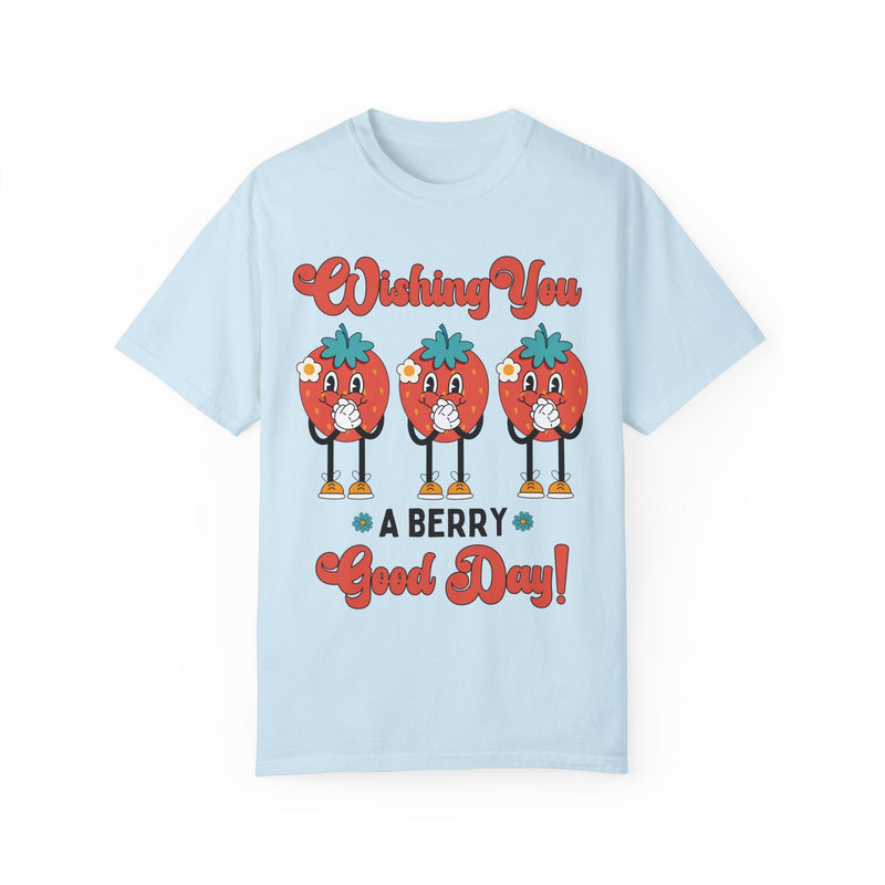 Funny Retro Aesthetic Strawberry Shirt for Garden Lover: Wishing You A Berry Good Day | Groovy and Optimistic Fruity T-Shirt for Summer Trip - Opal and June