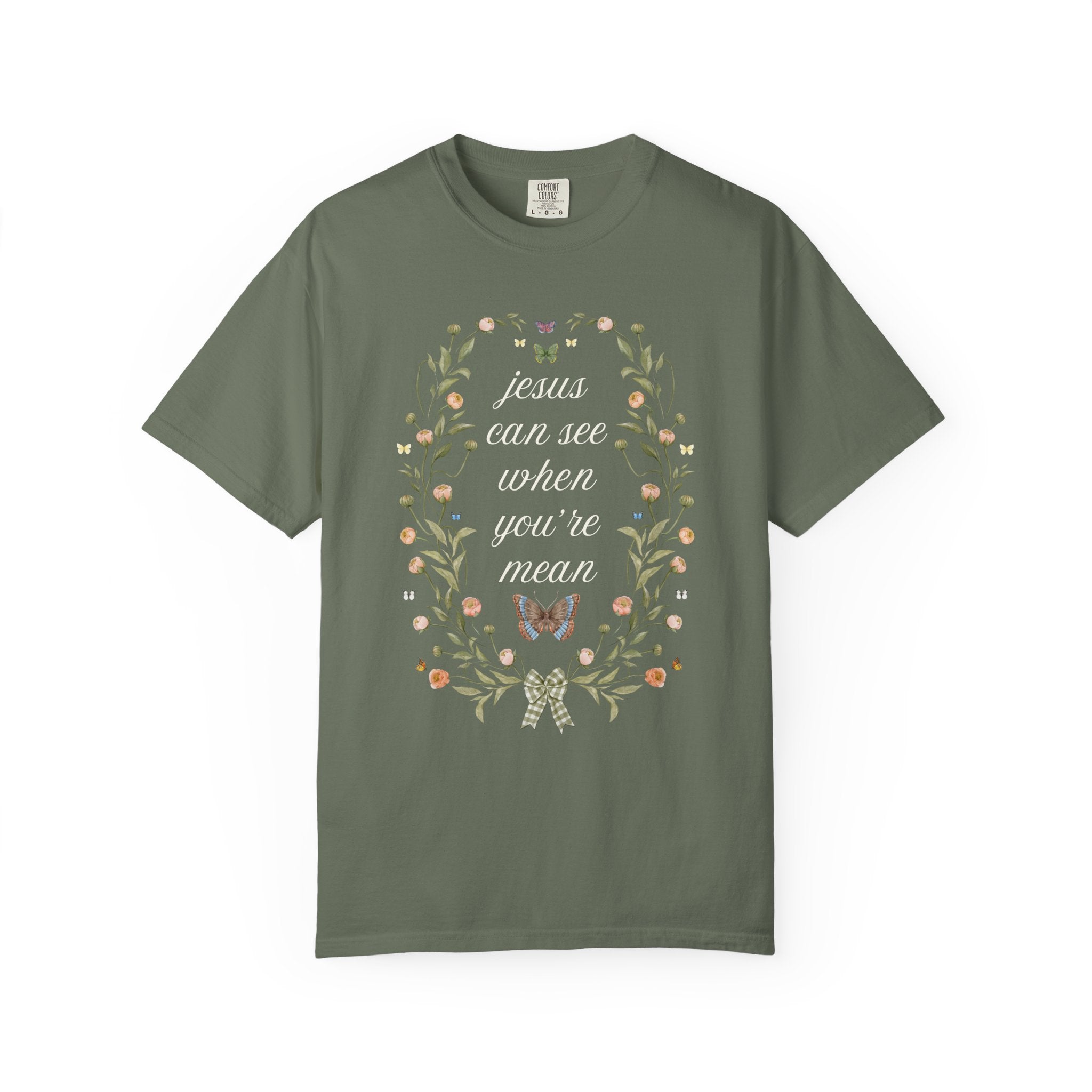 Funny Saying Goblincore Shirt for Butterfly Lover: Boho Cottagecore T-Shirt with Flowers, Jesus Can See When You're Mean, Pressed Flowers - Opal and June