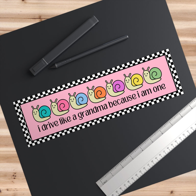 Funny Slow Driver Bumper Sticker: I Drive Like a Grandma, Anxious Driver, Vinyl Car Decal with Cute and Colorful Retro Snails, Gift for Mom - Opal and June