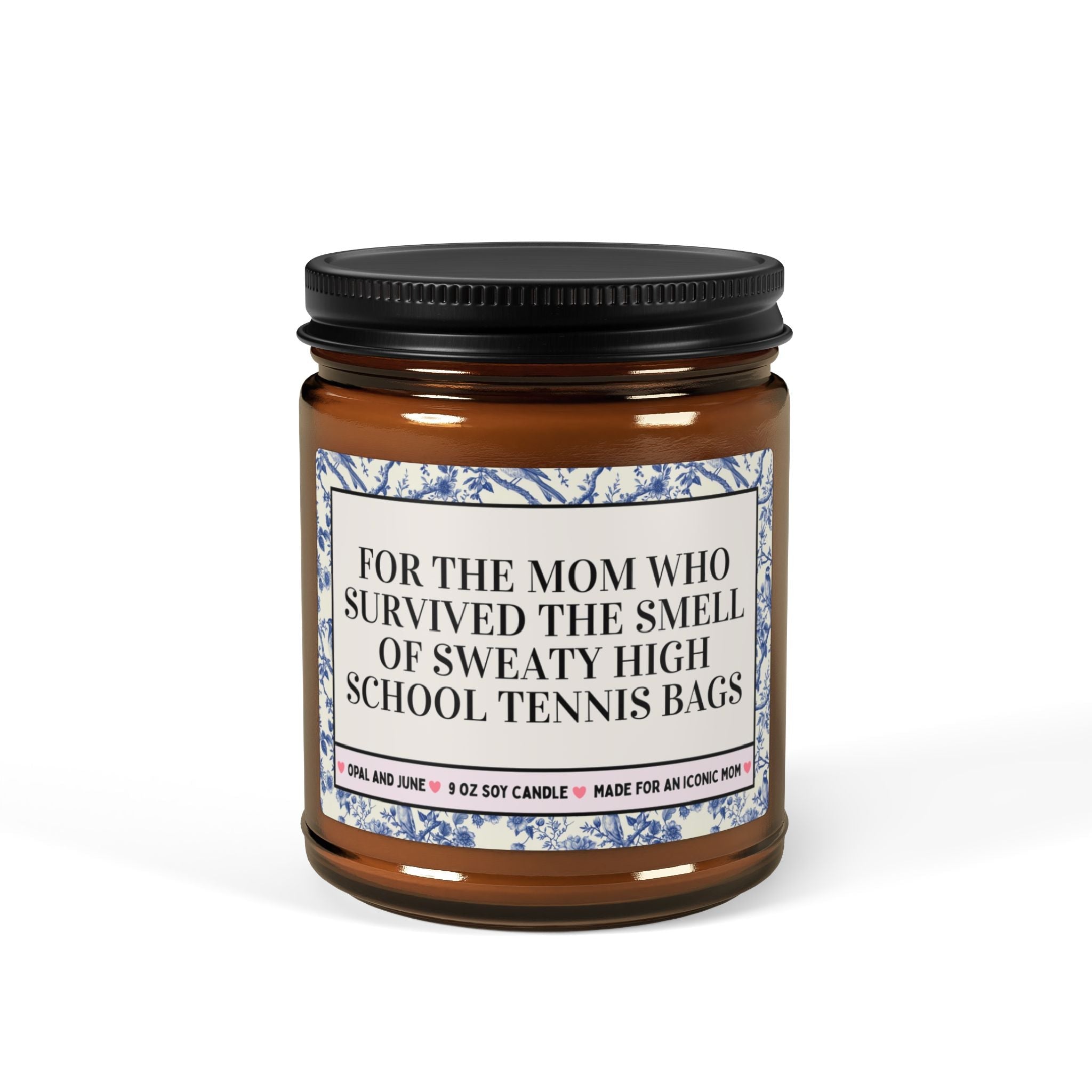 Funny Tennis Mom Present for Senior Night: 9 oz Soy Candle, For the Mom Who Survived School Tennis Bags, Silly Goblincore Mom of Teens Gift - Opal and June
