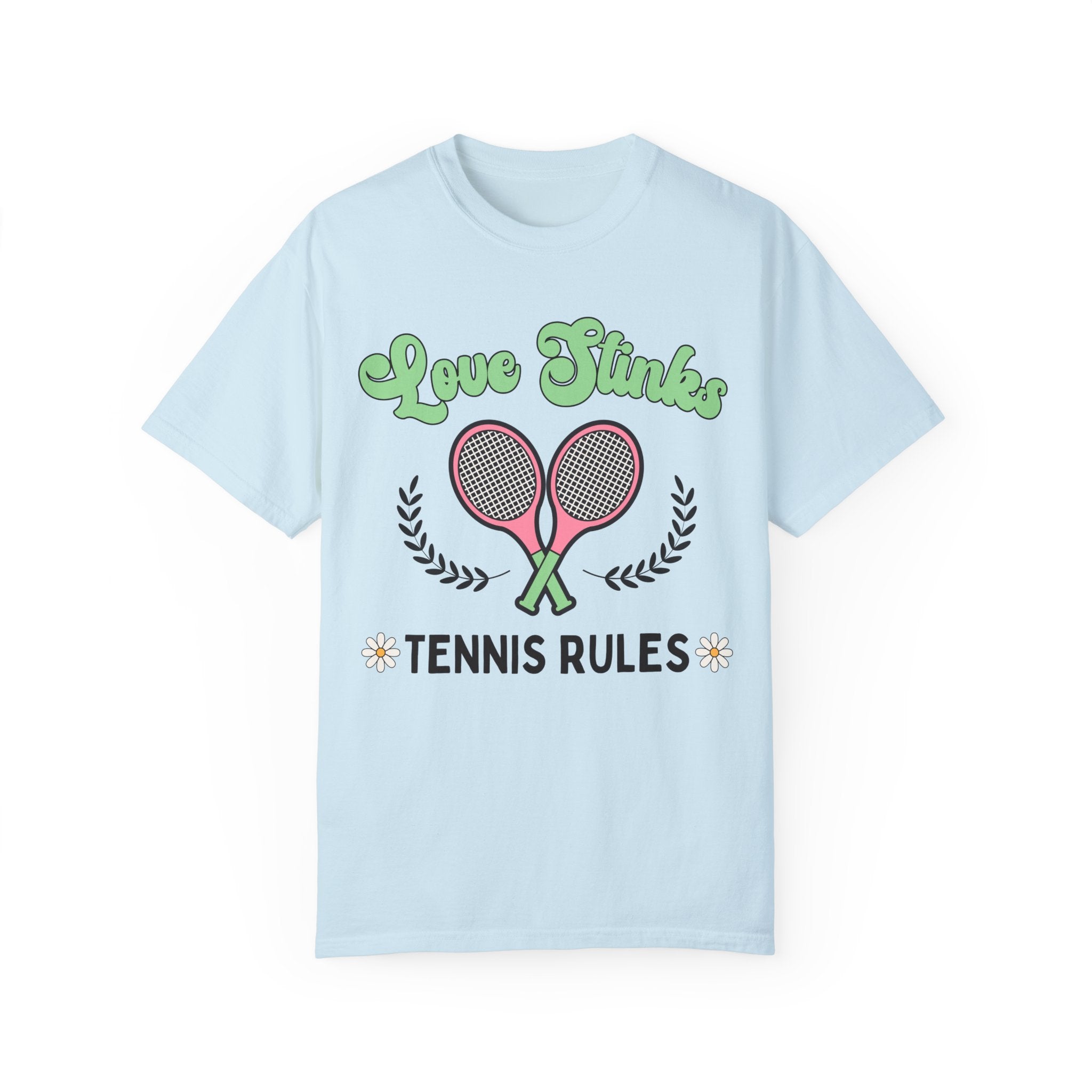 Funny Tennis Tee Shirt with Retro Aesthetic: Love Stinks, Tennis Rules | Gift for Tennis Lover or Tennis Player, Cute Tennis Tee for Summer - Opal and June
