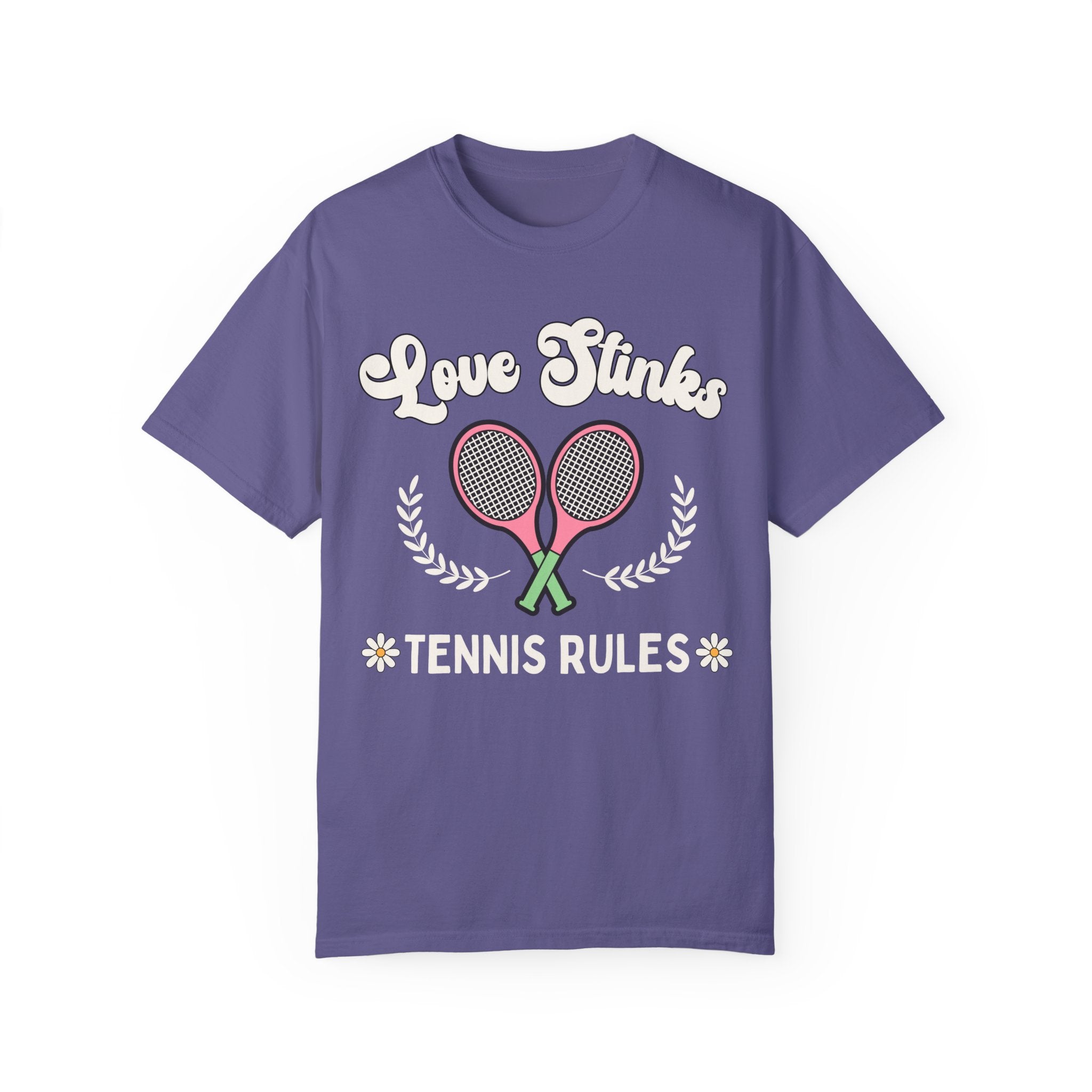 Funny Tennis Tee Shirt with Retro Aesthetic: Love Stinks, Tennis Rules | Gift for Tennis Lover or Tennis Player, Cute Tennis Tee for Summer - Opal and June