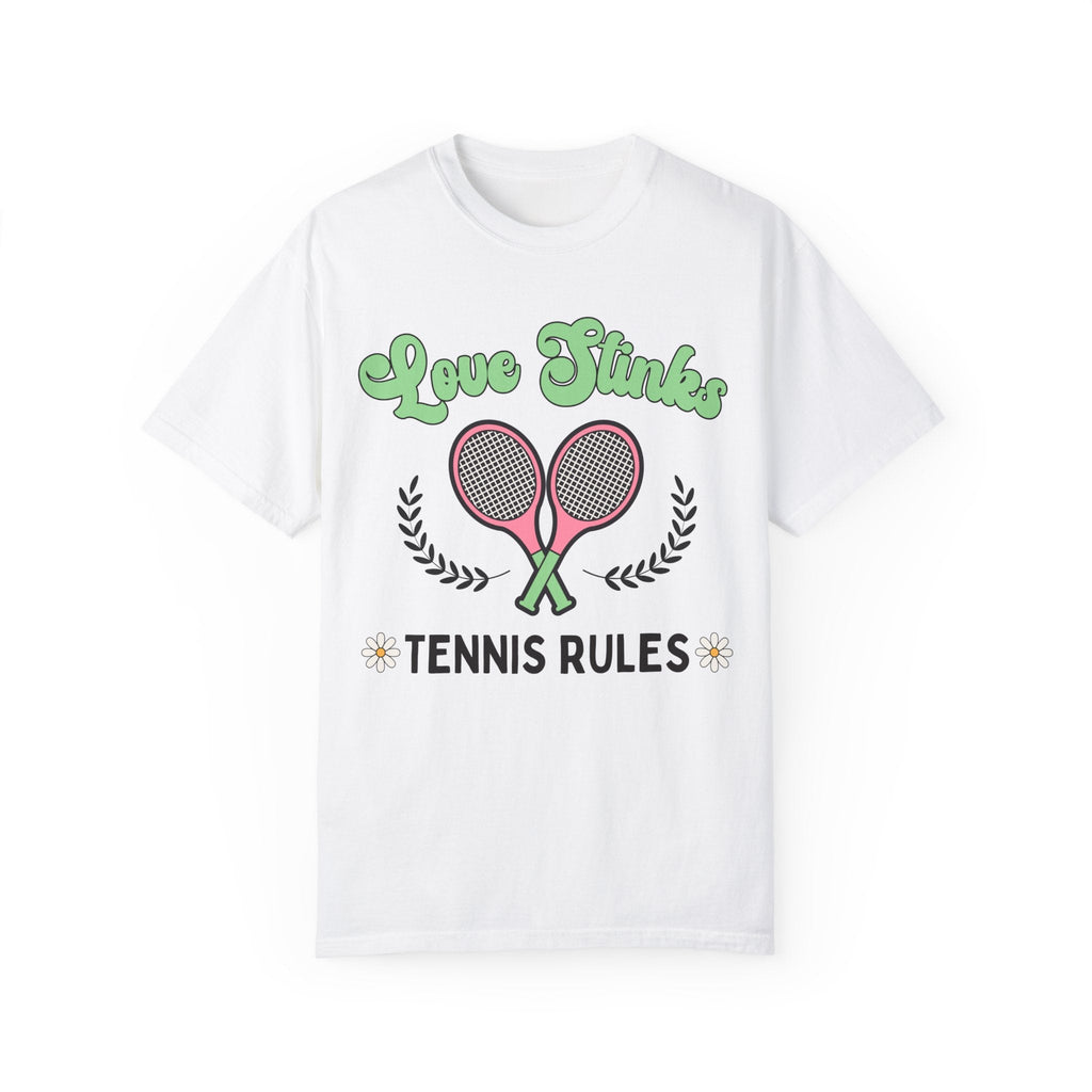 Funny Tennis Tee Shirt with Retro Aesthetic: Love Stinks, Tennis Rules | Gift for Tennis Lover or Tennis Player, Cute Tennis Tee for Summer - Opal and June