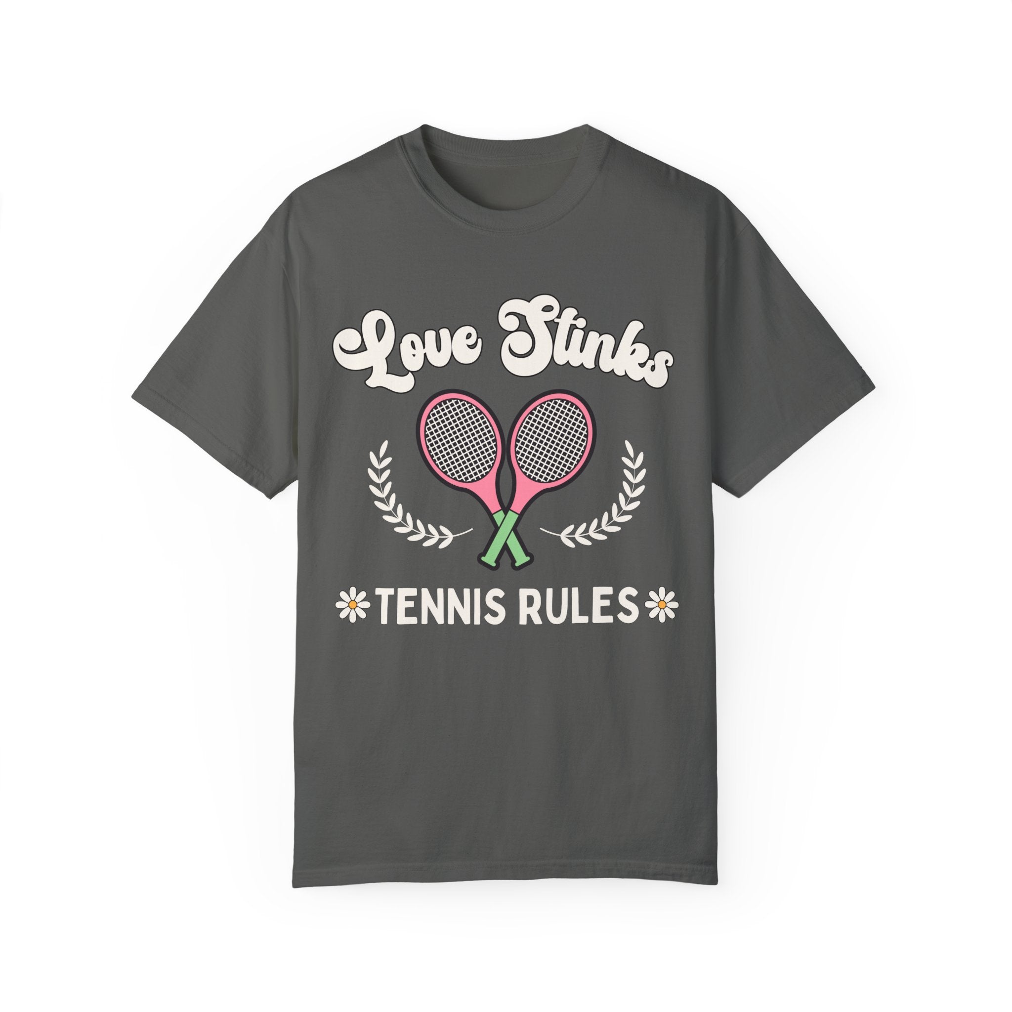 Funny Tennis Tee Shirt with Retro Aesthetic: Love Stinks, Tennis Rules | Gift for Tennis Lover or Tennis Player, Cute Tennis Tee for Summer - Opal and June