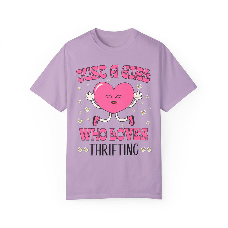 Funny Thrifting Tee Shirt with Kitschy Retro Heart: Just A Girl Who Loves Thrifting | Cute and Groovy Floral Shirt for Flea Market Shopping - Opal and June