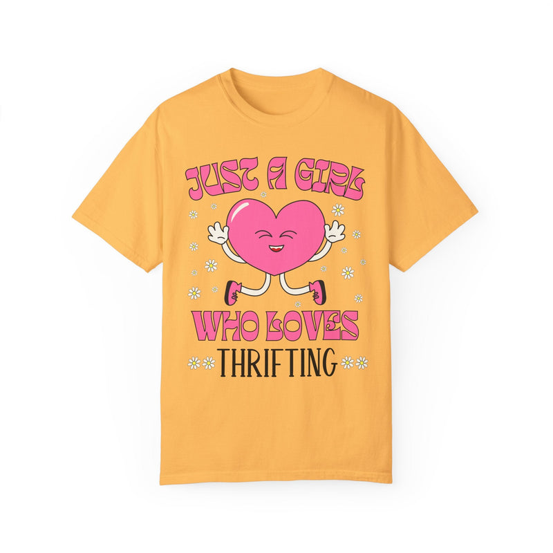 Funny Thrifting Tee Shirt with Kitschy Retro Heart: Just A Girl Who Loves Thrifting | Cute and Groovy Floral Shirt for Flea Market Shopping - Opal and June