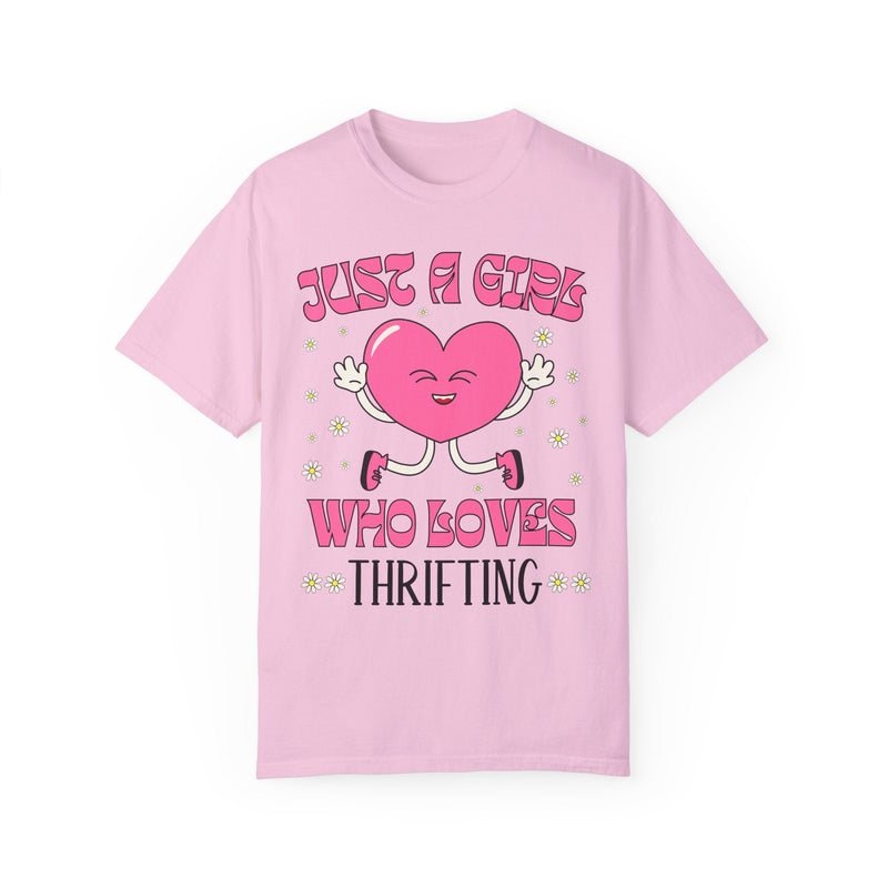 Funny Thrifting Tee Shirt with Kitschy Retro Heart: Just A Girl Who Loves Thrifting | Cute and Groovy Floral Shirt for Flea Market Shopping - Opal and June