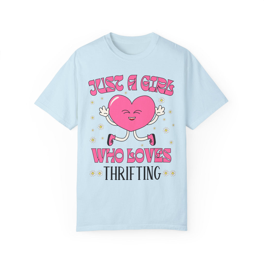 Funny Thrifting Tee Shirt with Kitschy Retro Heart: Just A Girl Who Loves Thrifting | Cute and Groovy Floral Shirt for Flea Market Shopping - Opal and June