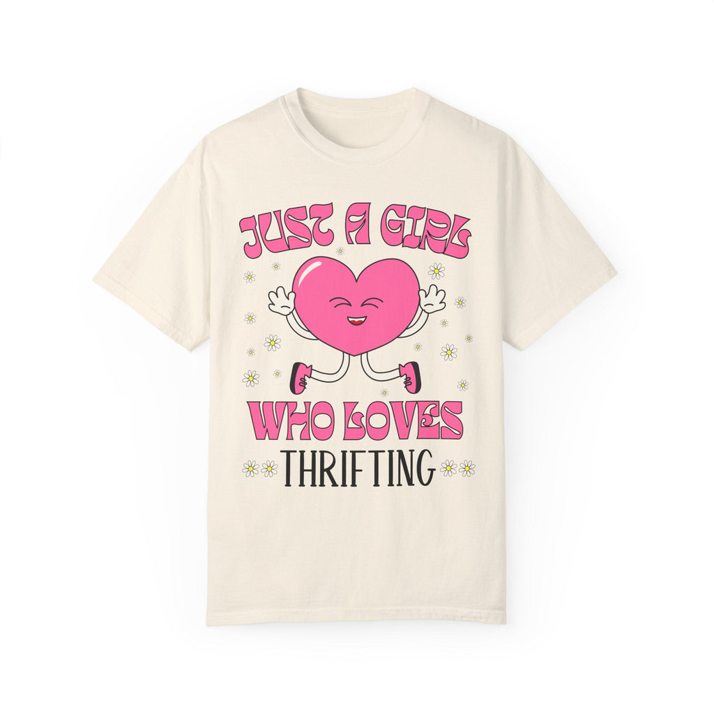 Funny Thrifting Tee Shirt with Kitschy Retro Heart: Just A Girl Who Loves Thrifting | Cute and Groovy Floral Shirt for Flea Market Shopping - Opal and June